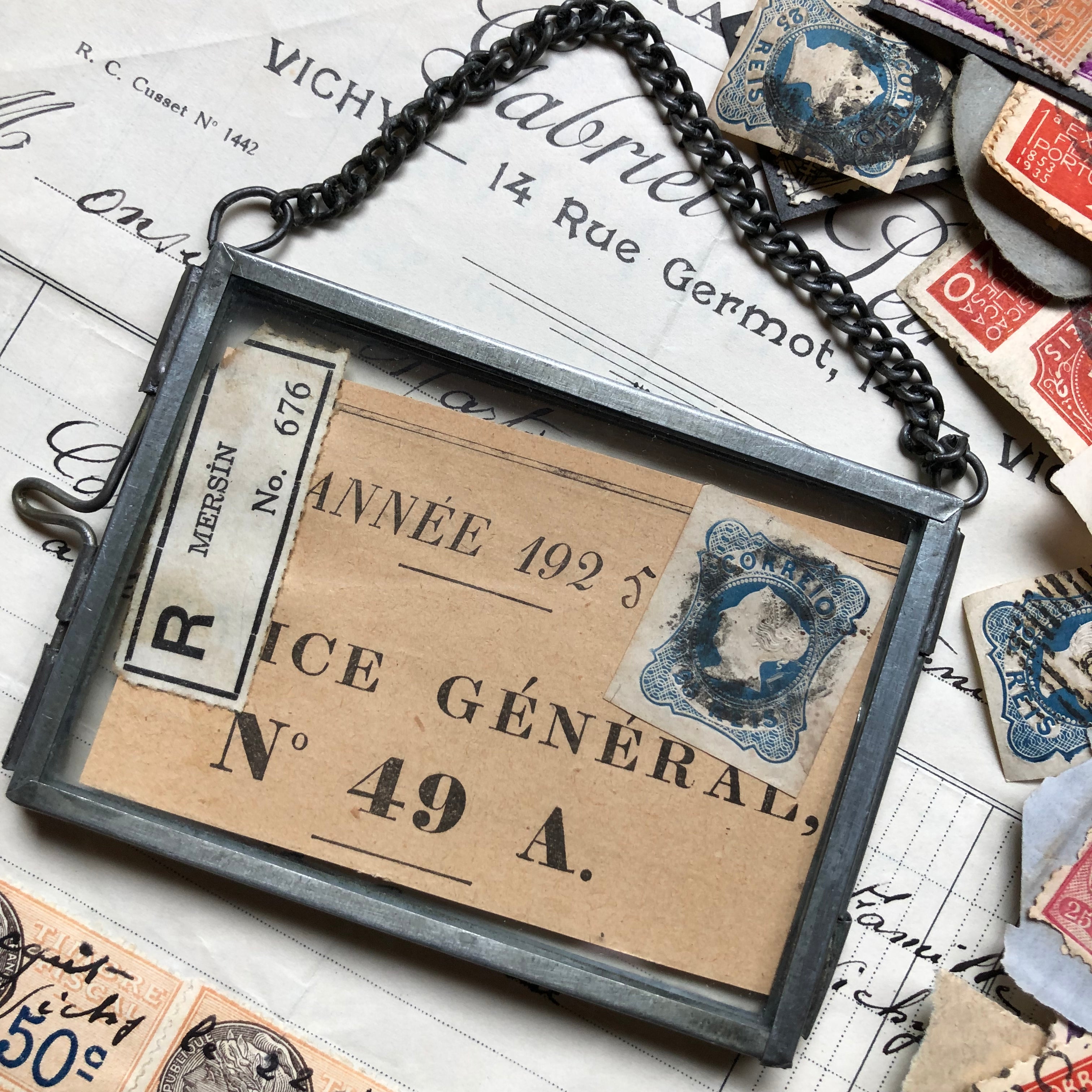 Ephemera Filed Glass Frame with Chain Hanger
