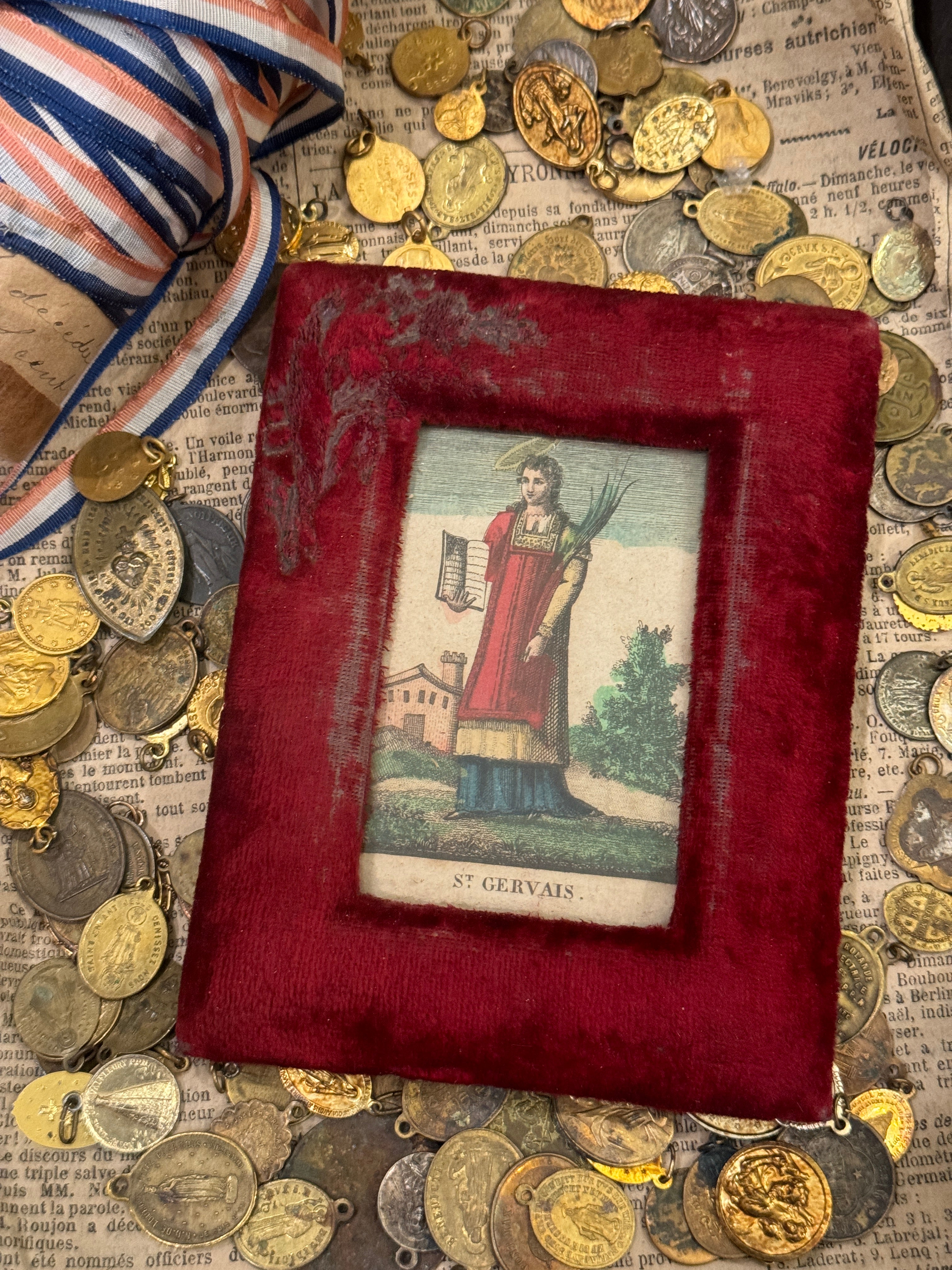 Early 1800s French Religious Icon - STE GERVAIS in Red Velvet