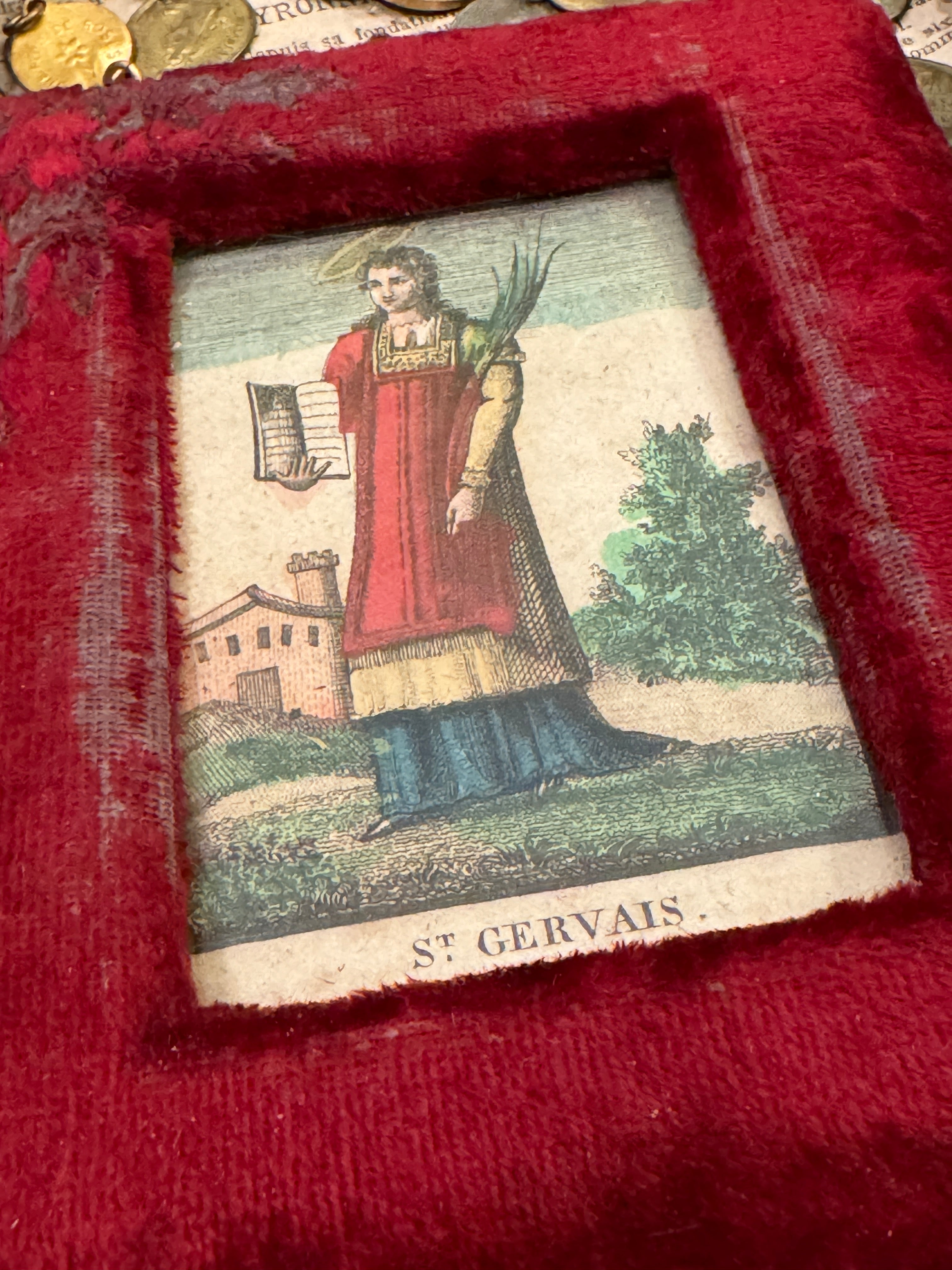 Early 1800s French Religious Icon - STE GERVAIS in Red Velvet