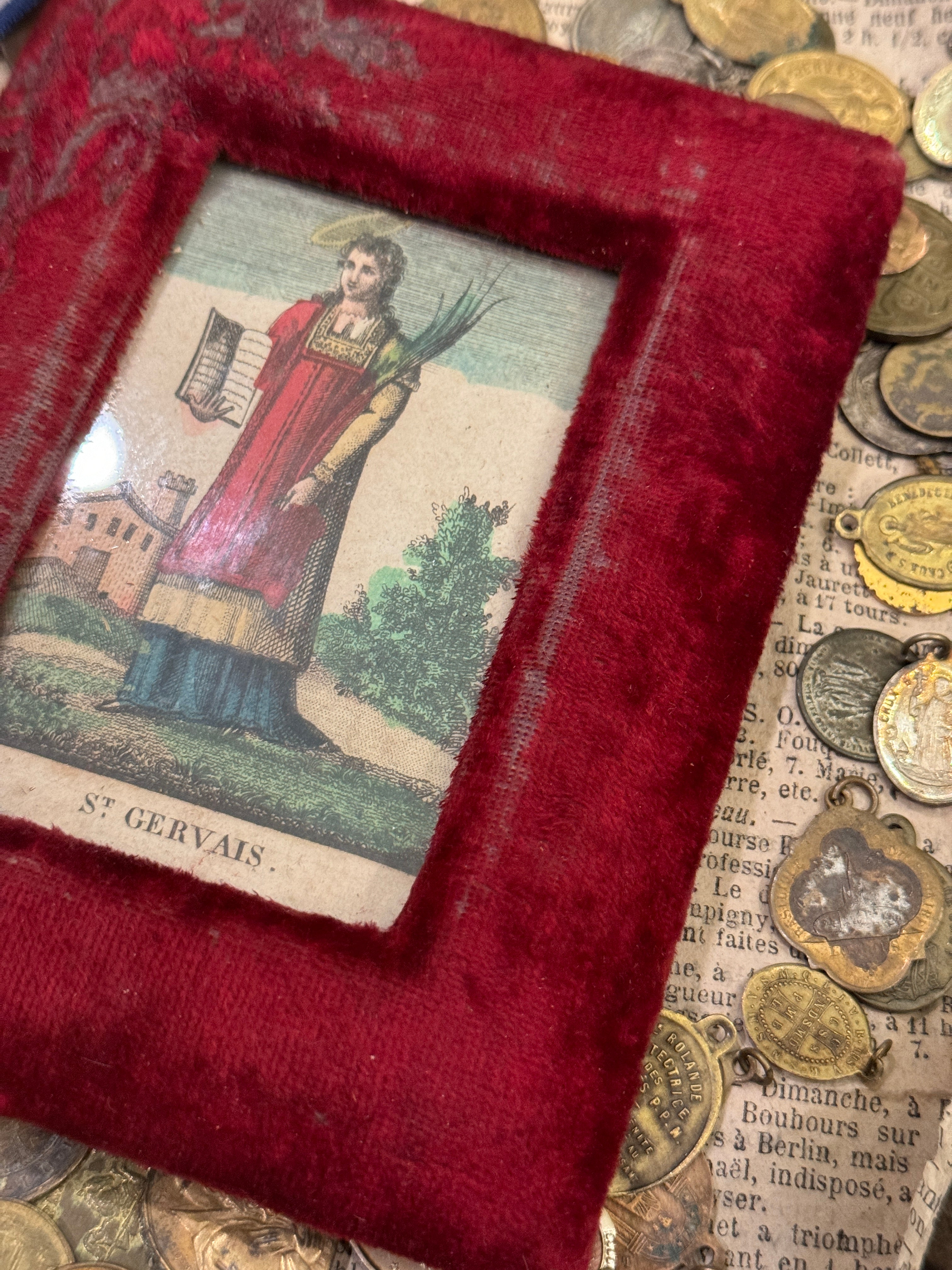 Early 1800s French Religious Icon - STE GERVAIS in Red Velvet