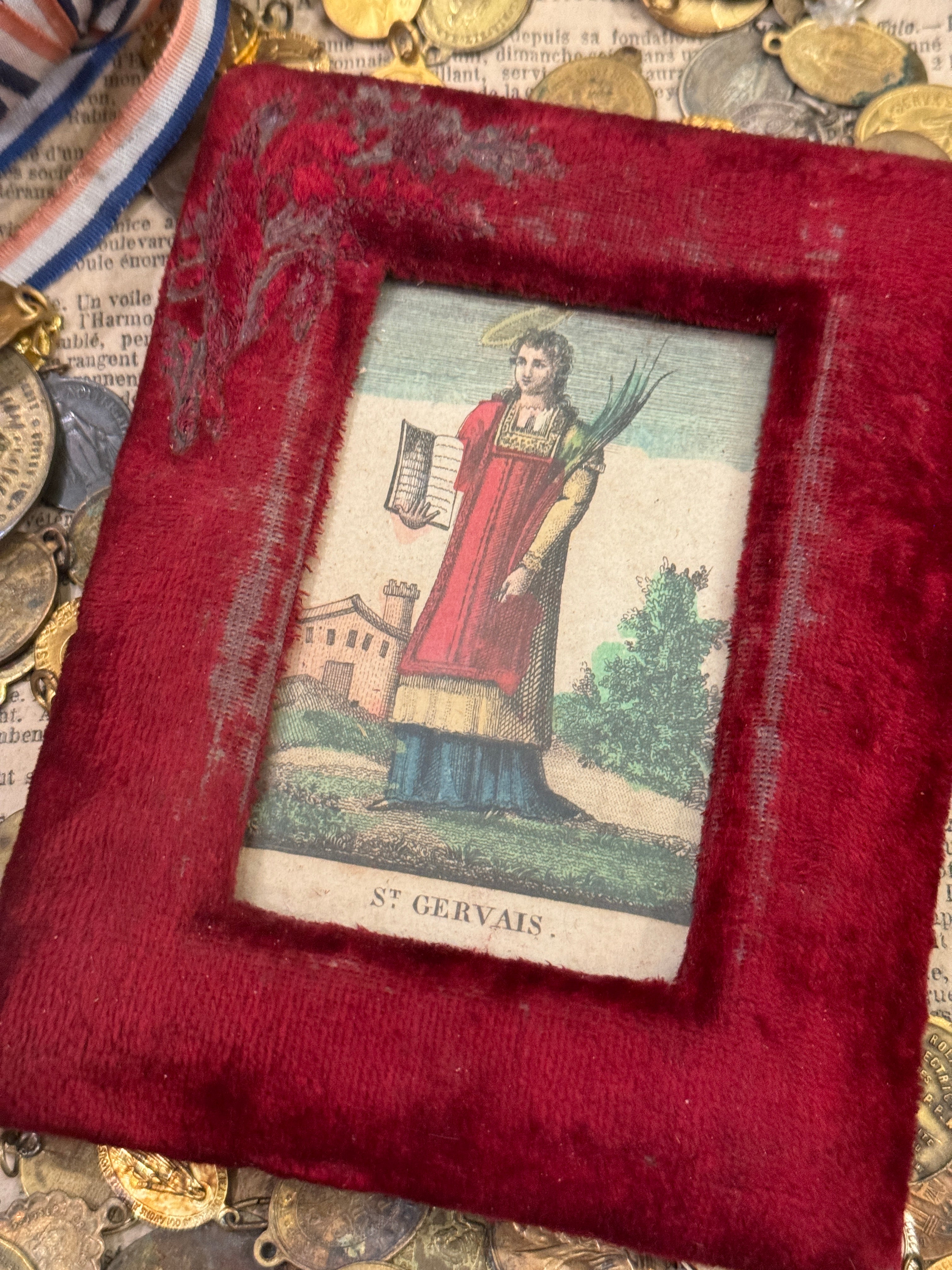 Early 1800s French Religious Icon - STE GERVAIS in Red Velvet