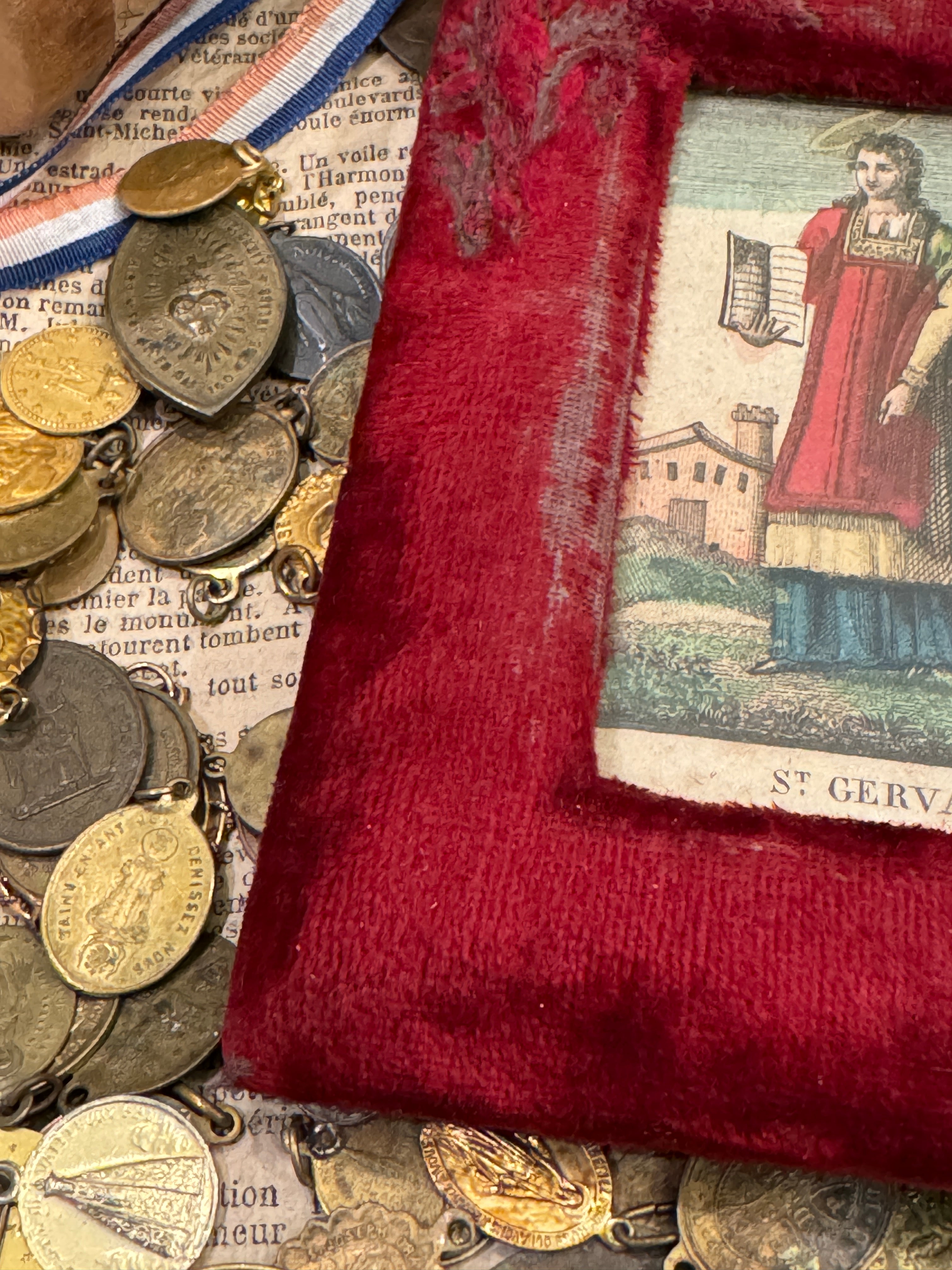 Early 1800s French Religious Icon - STE GERVAIS in Red Velvet