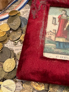 Early 1800s French Religious Icon - STE GERVAIS in Red Velvet