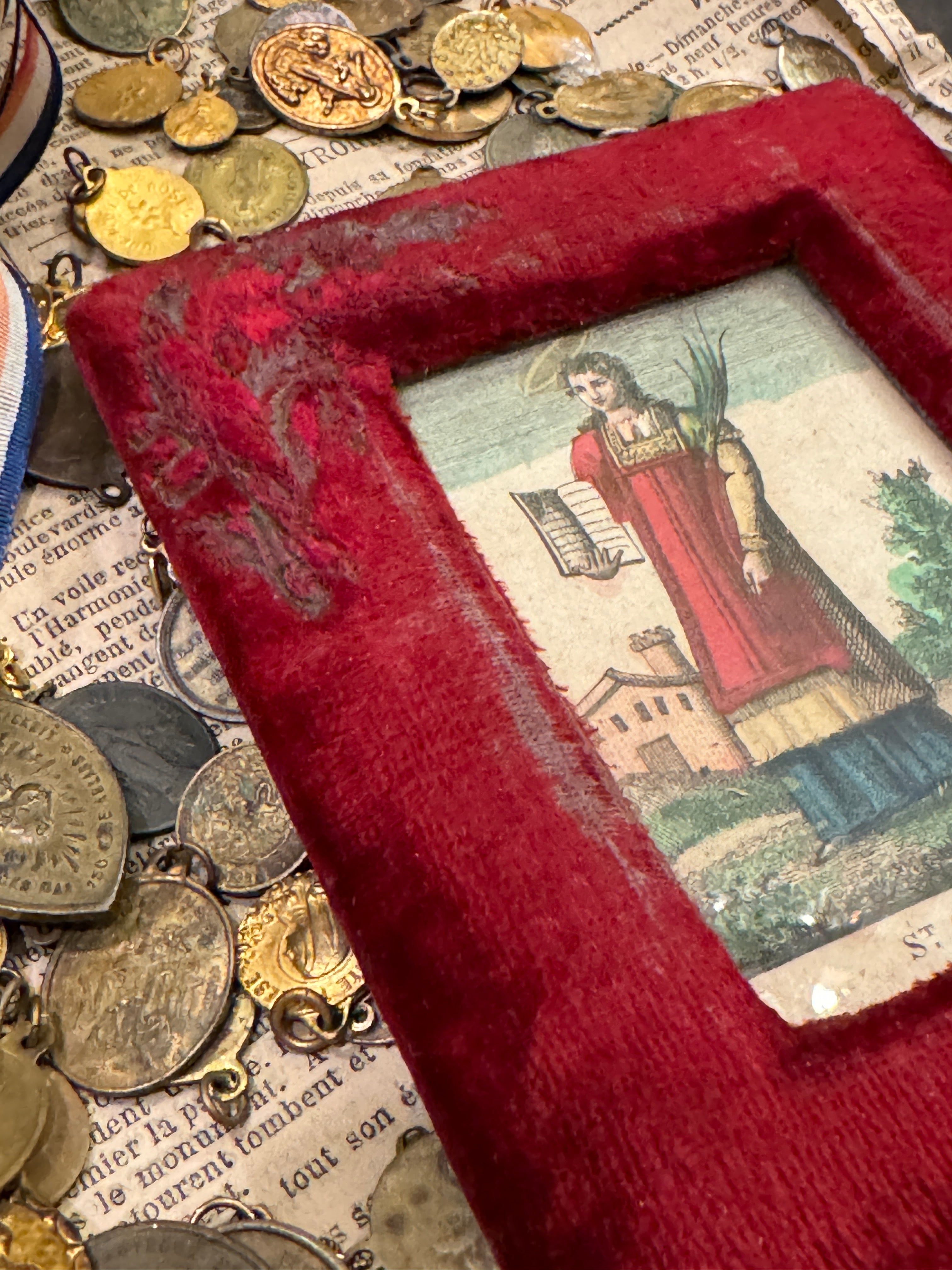Early 1800s French Religious Icon - STE GERVAIS in Red Velvet
