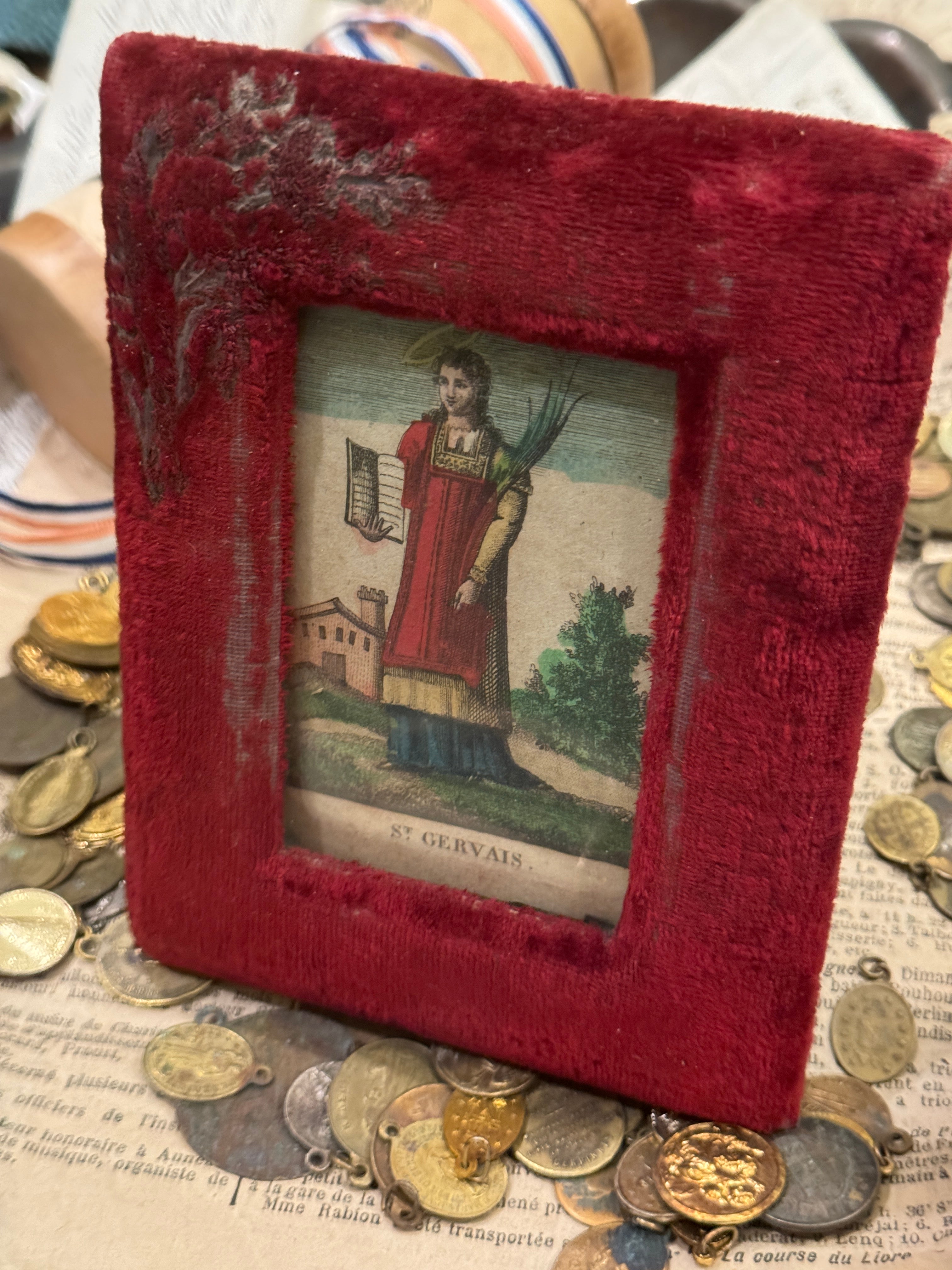 Early 1800s French Religious Icon - STE GERVAIS in Red Velvet