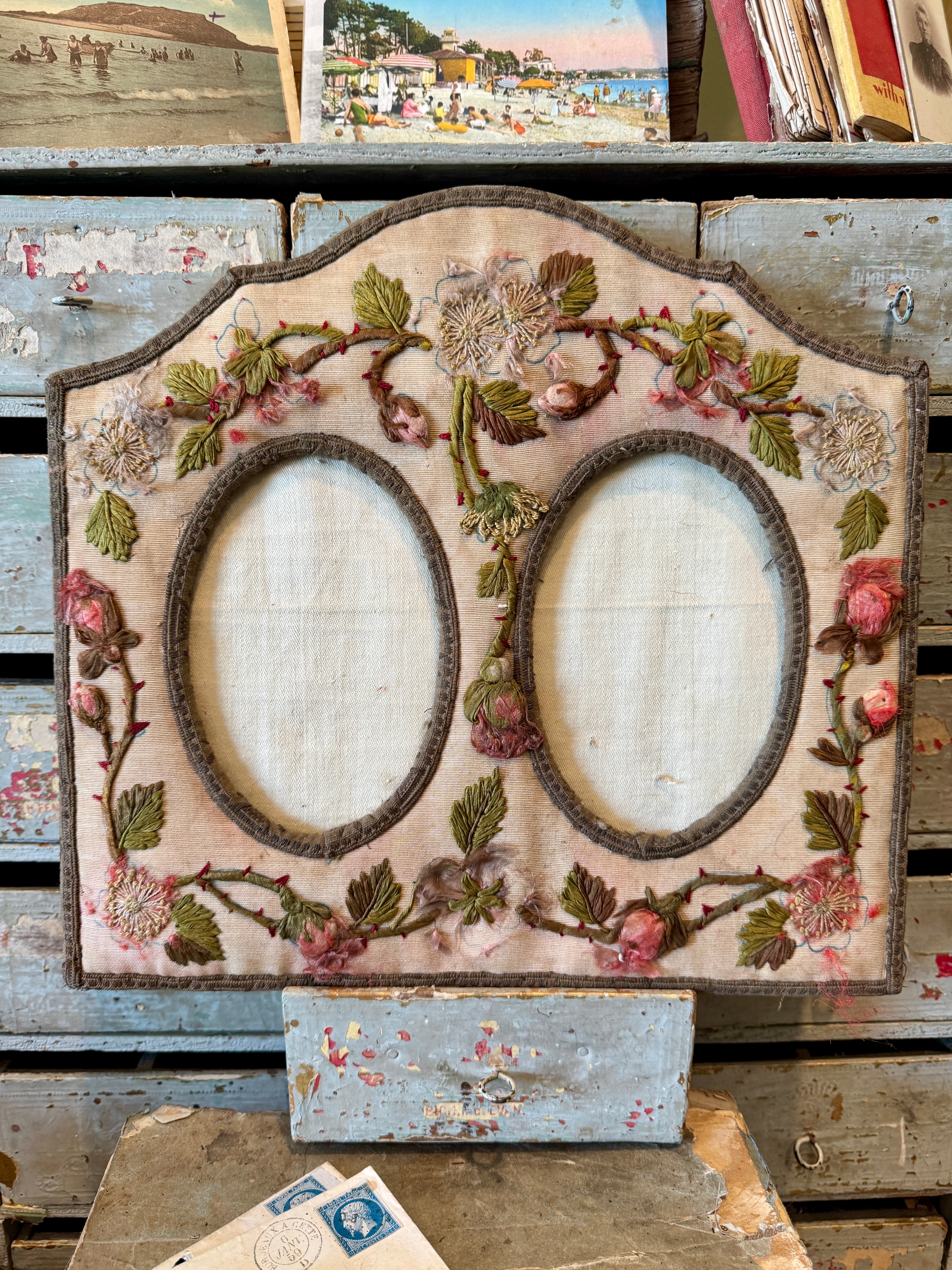 Antique French Silk Photo Frame