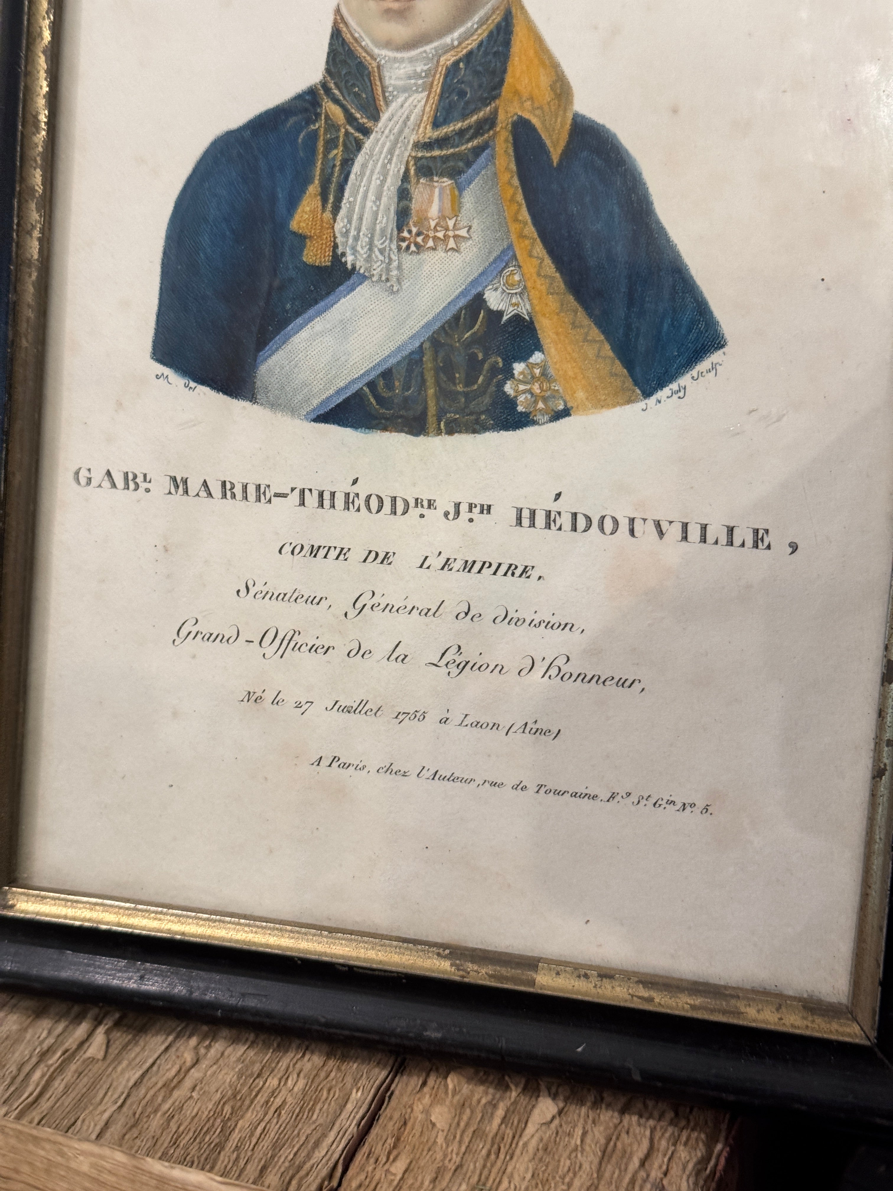 Antique French Hand Painted Framed Engraving
