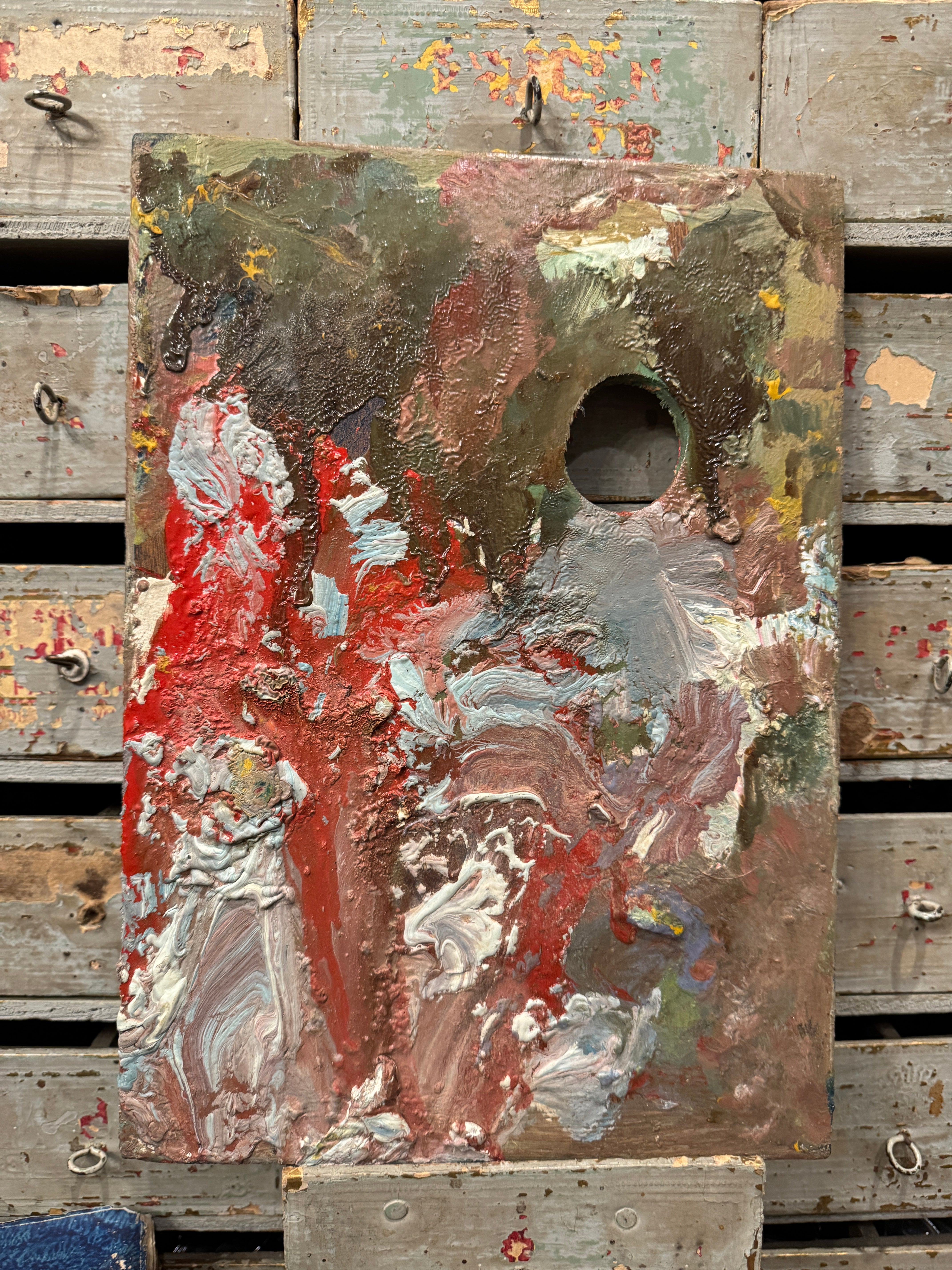Vintage French Artists Wood Palette with Oil Paint - H