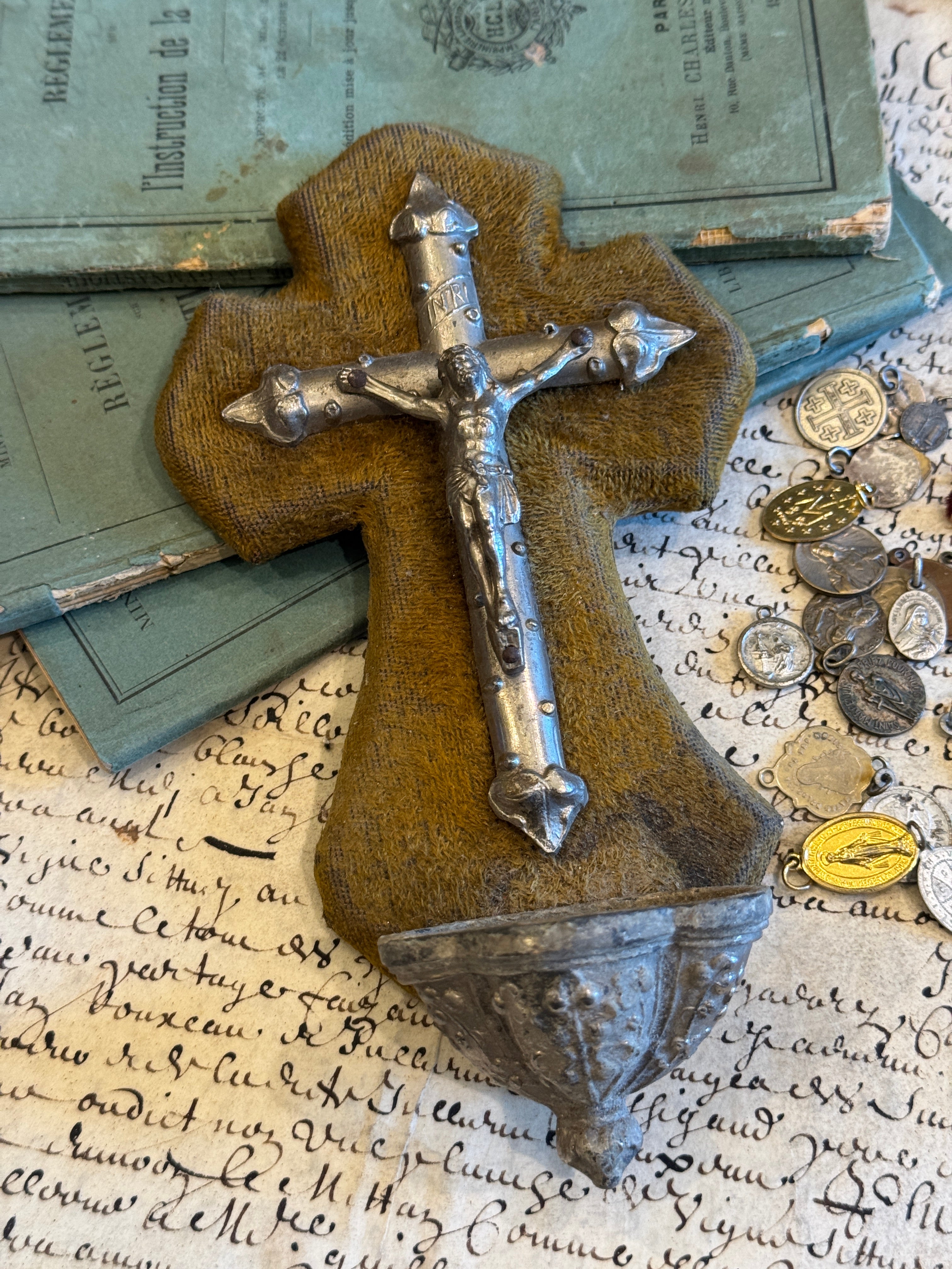 Antique French Crucifix & Holy Water Font