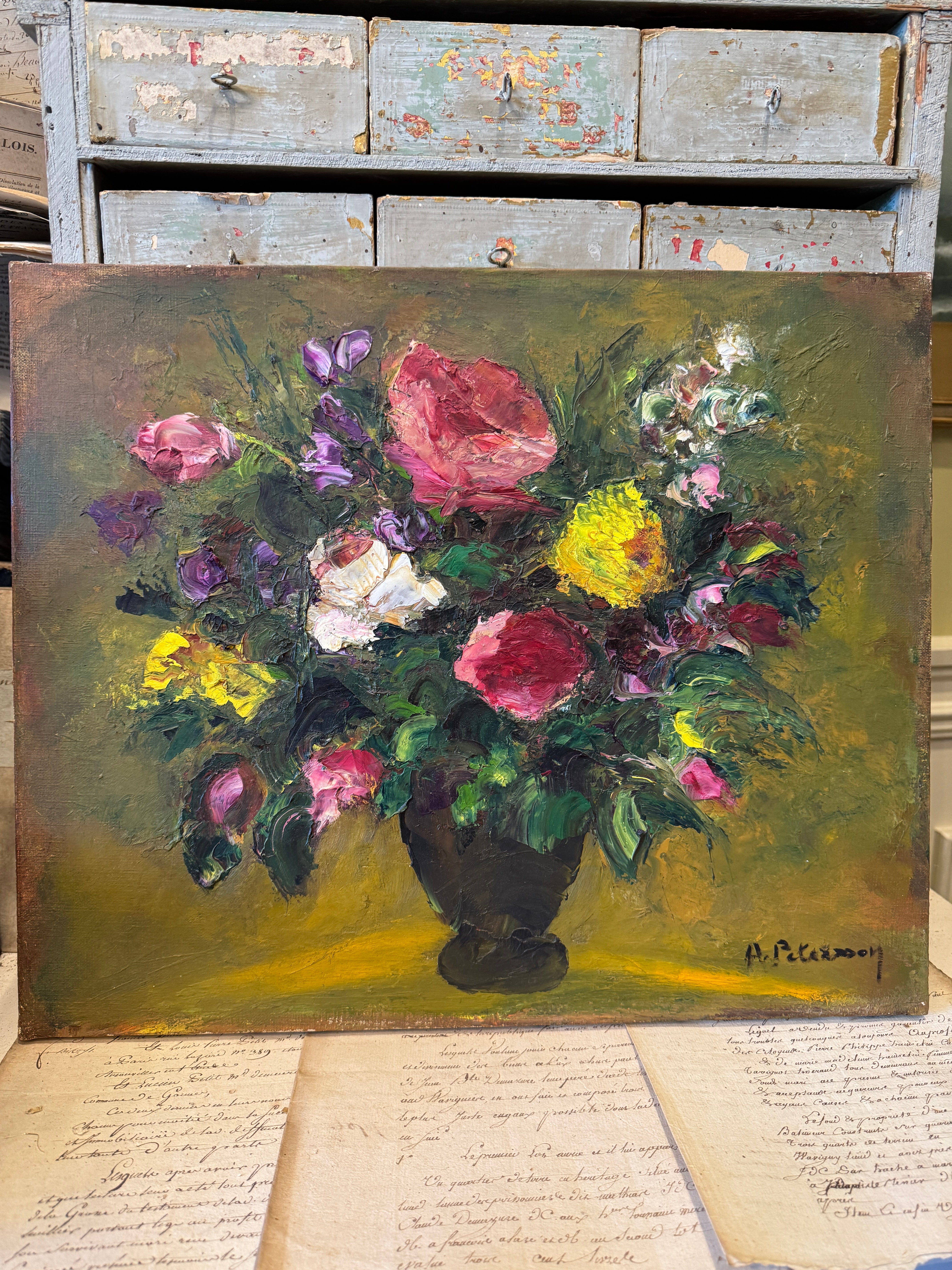 Original Antique French Botanical Canvas Painting