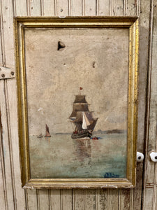 Antique 1800s oil Painting of Ships at Sea