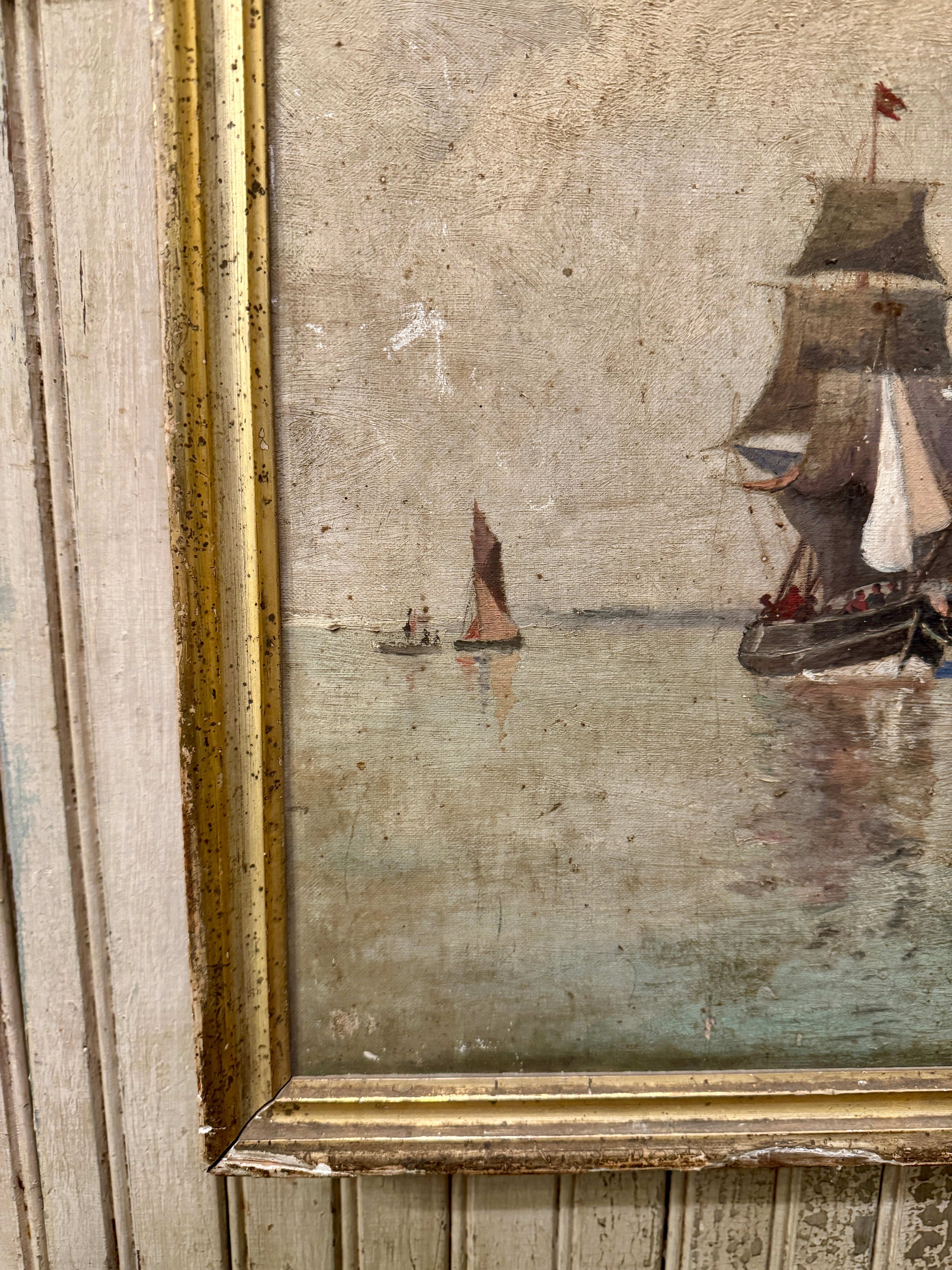 Antique 1800s oil Painting of Ships at Sea