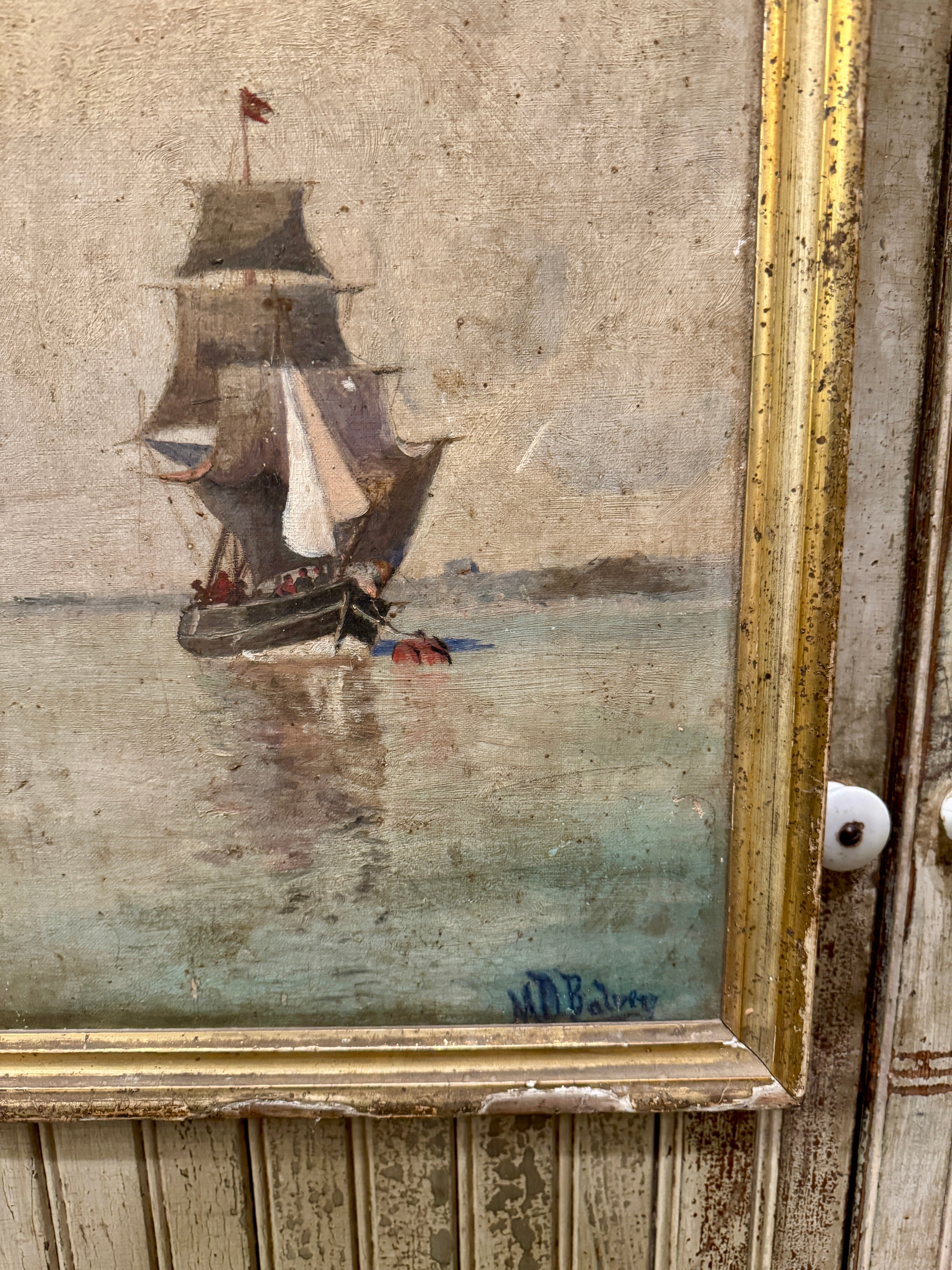 Antique 1800s oil Painting of Ships at Sea