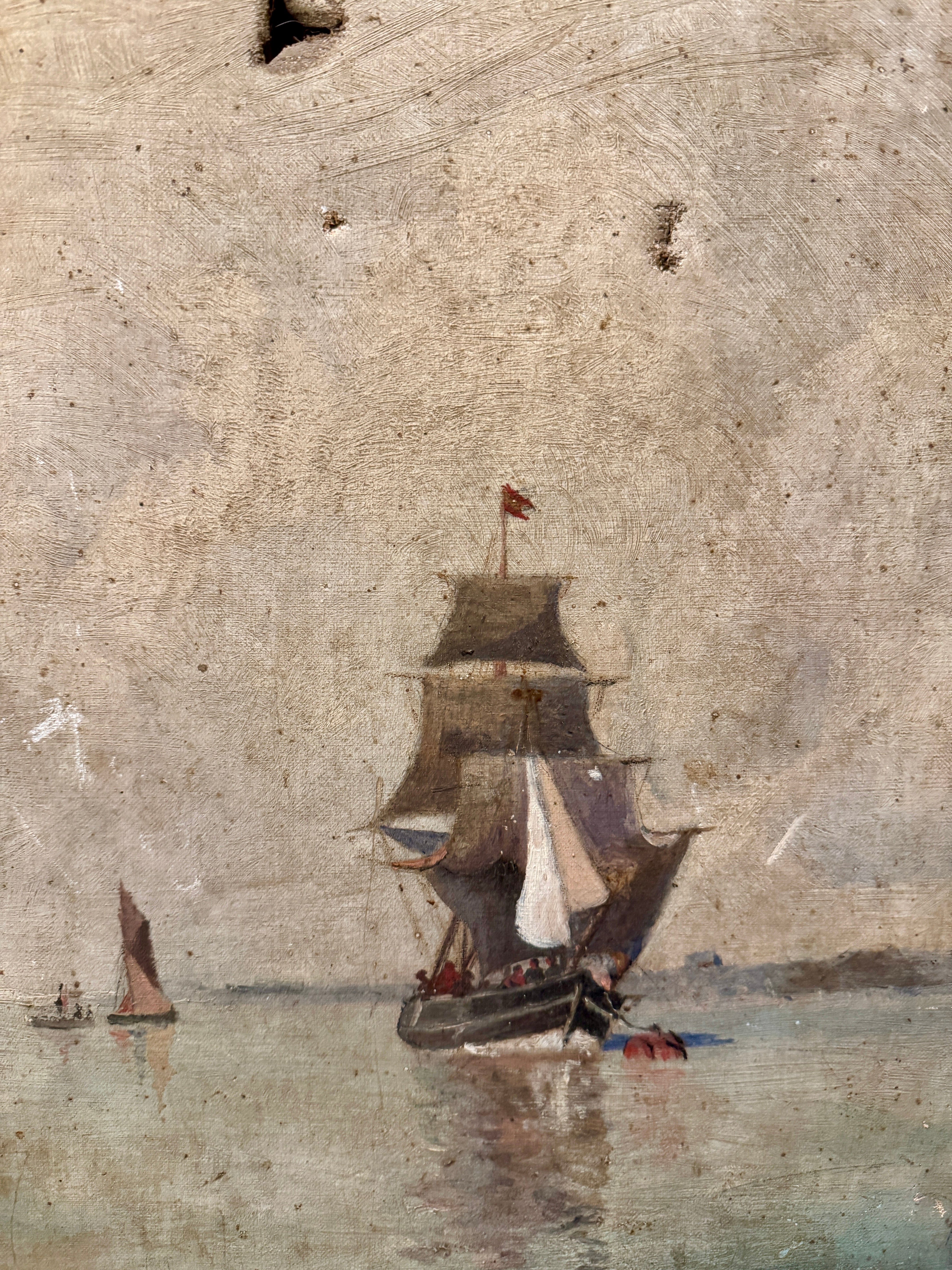 Antique 1800s oil Painting of Ships at Sea