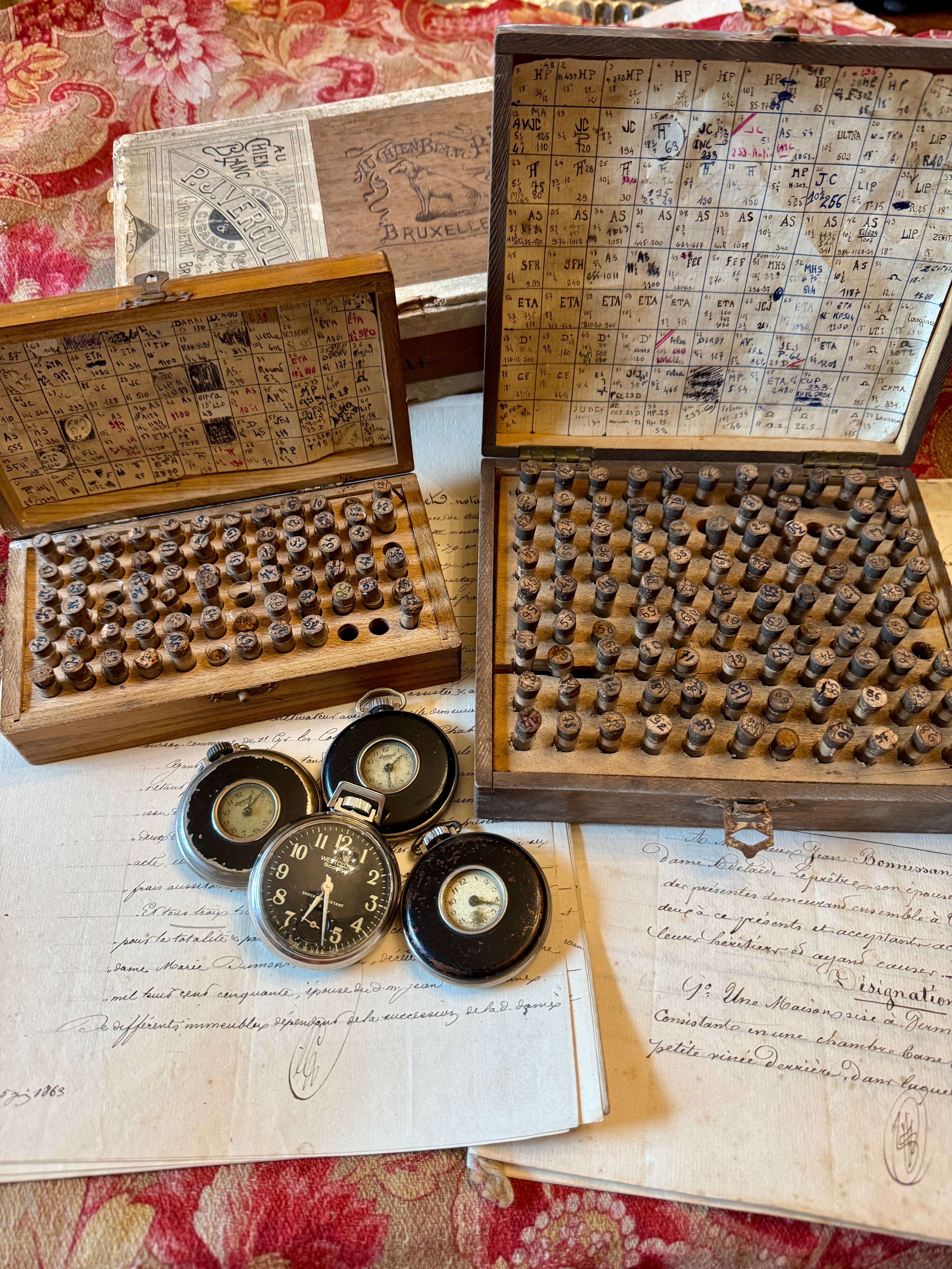 Antique French Watchmaker's Wooden Cases with Tubes