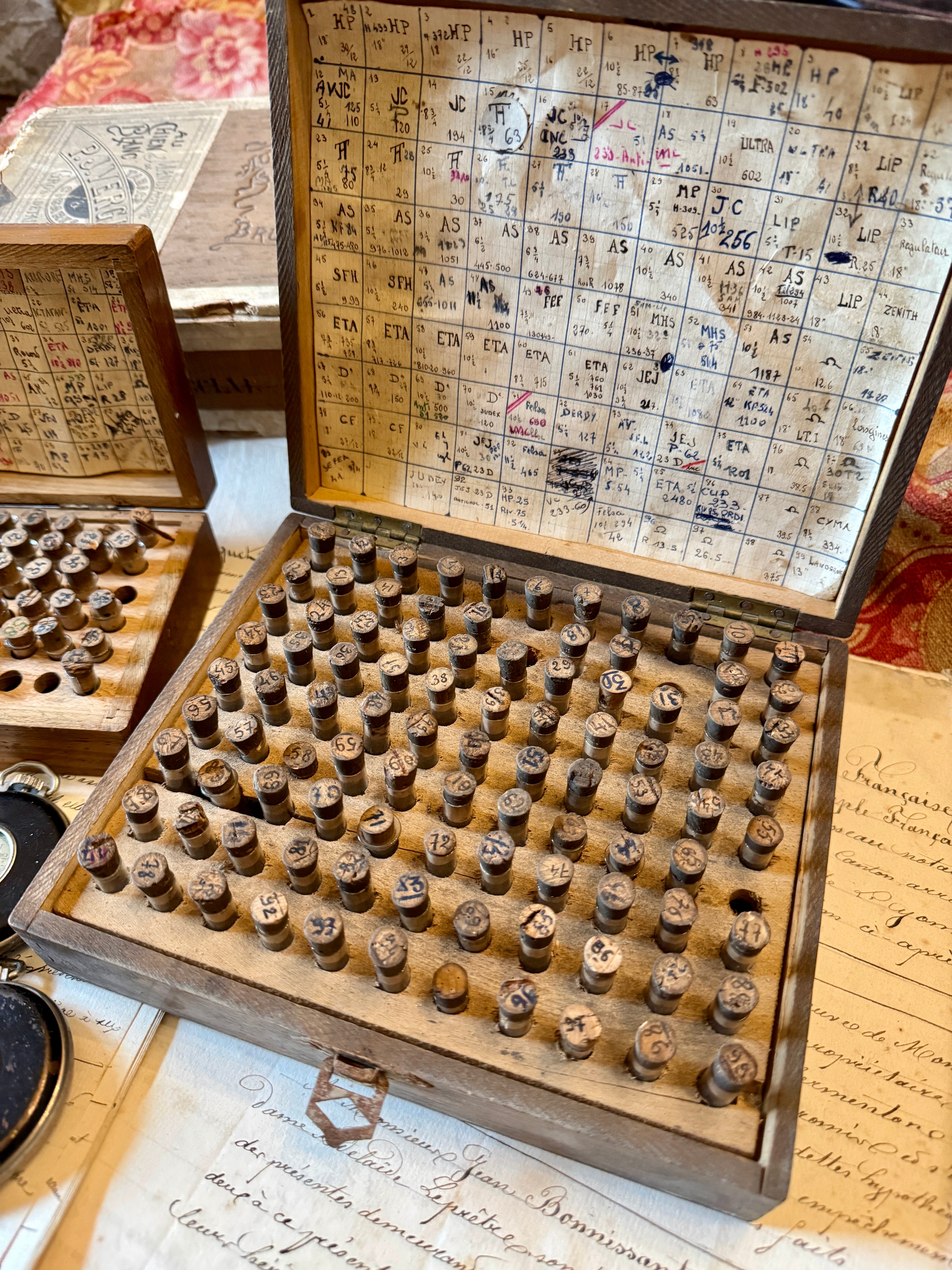 Antique French Watchmaker's Wooden Cases with Tubes