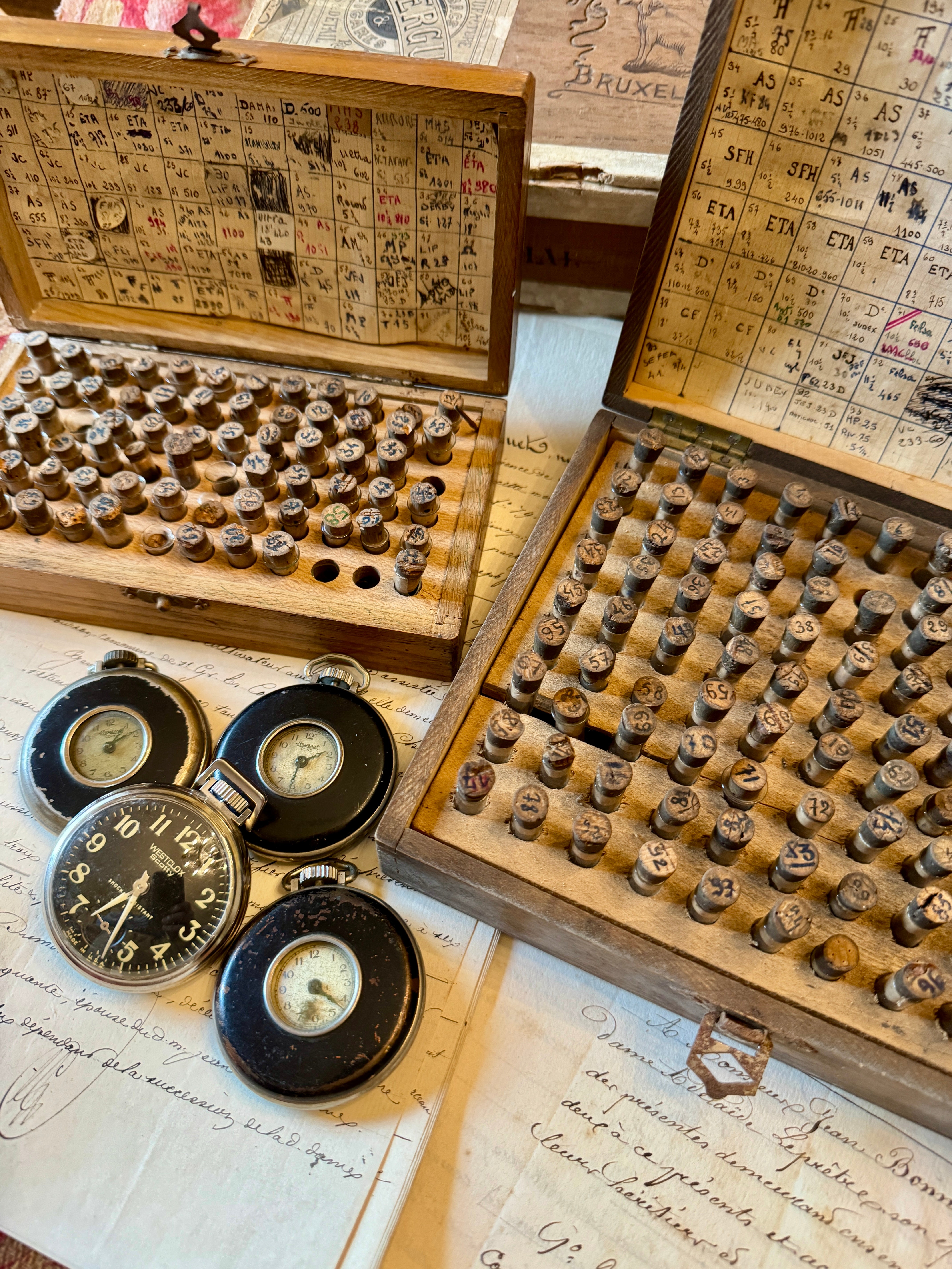 Antique French Watchmaker's Wooden Cases with Tubes