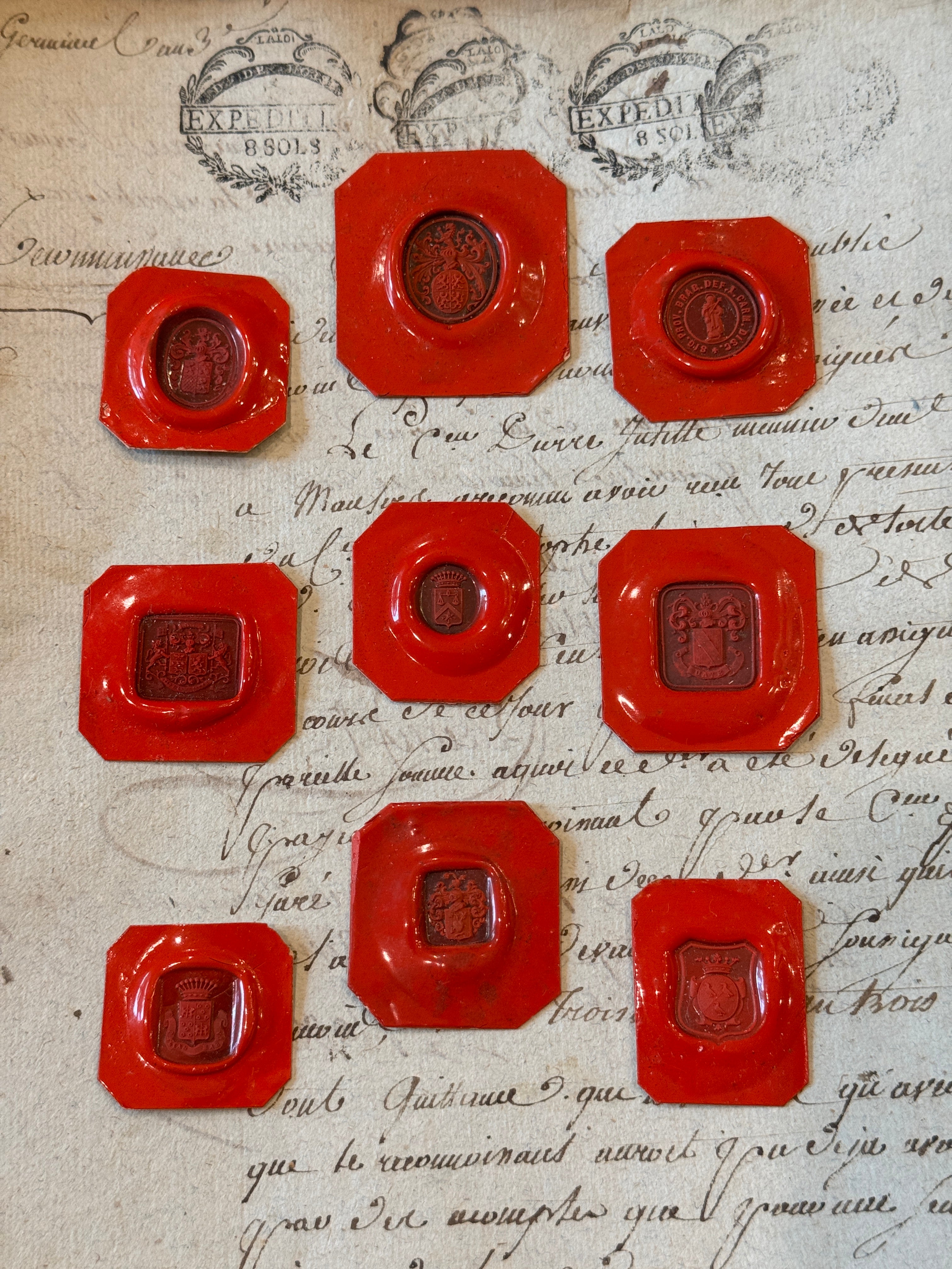 Rare French Red Wax Seal Impressions - J