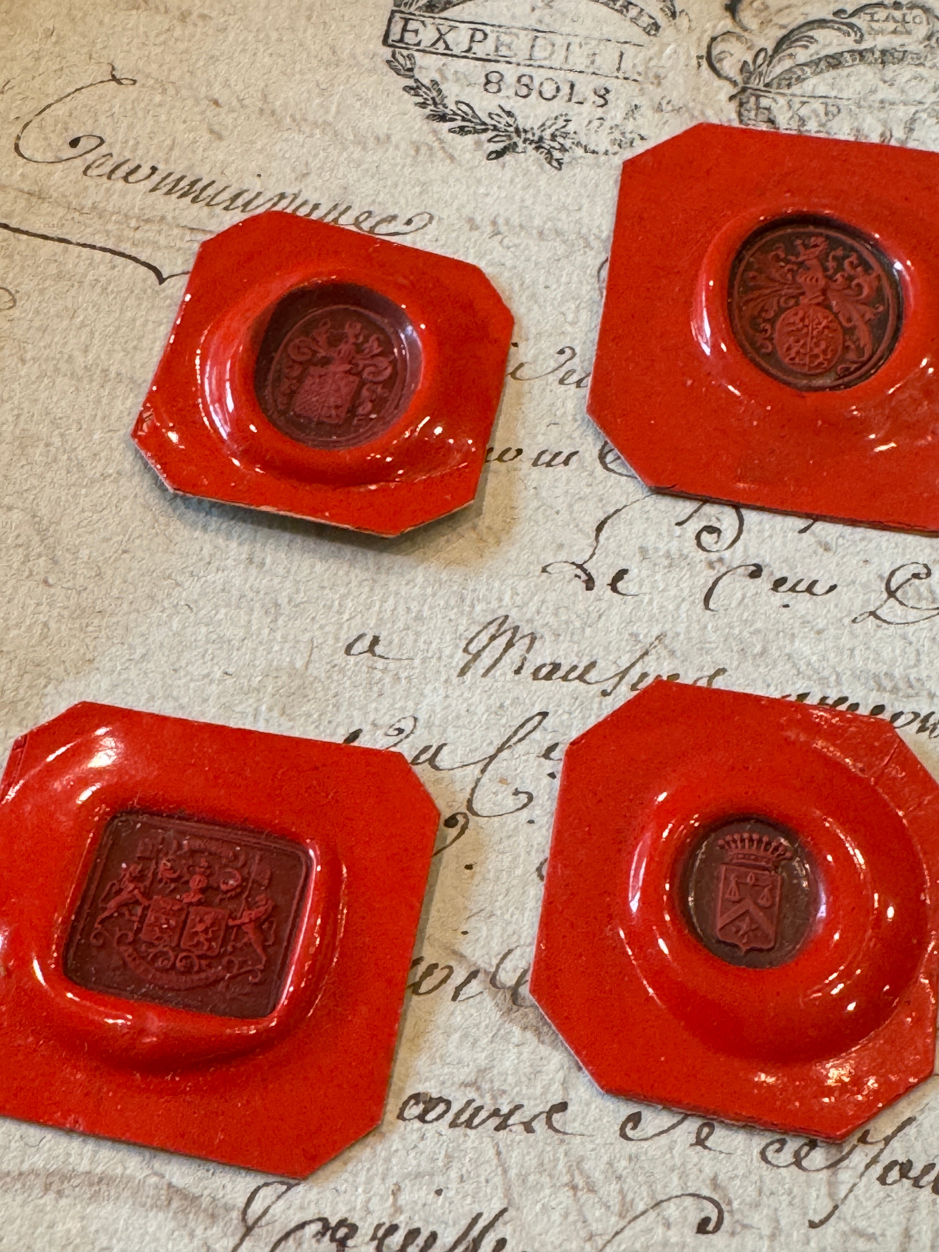 Rare French Red Wax Seal Impressions - J