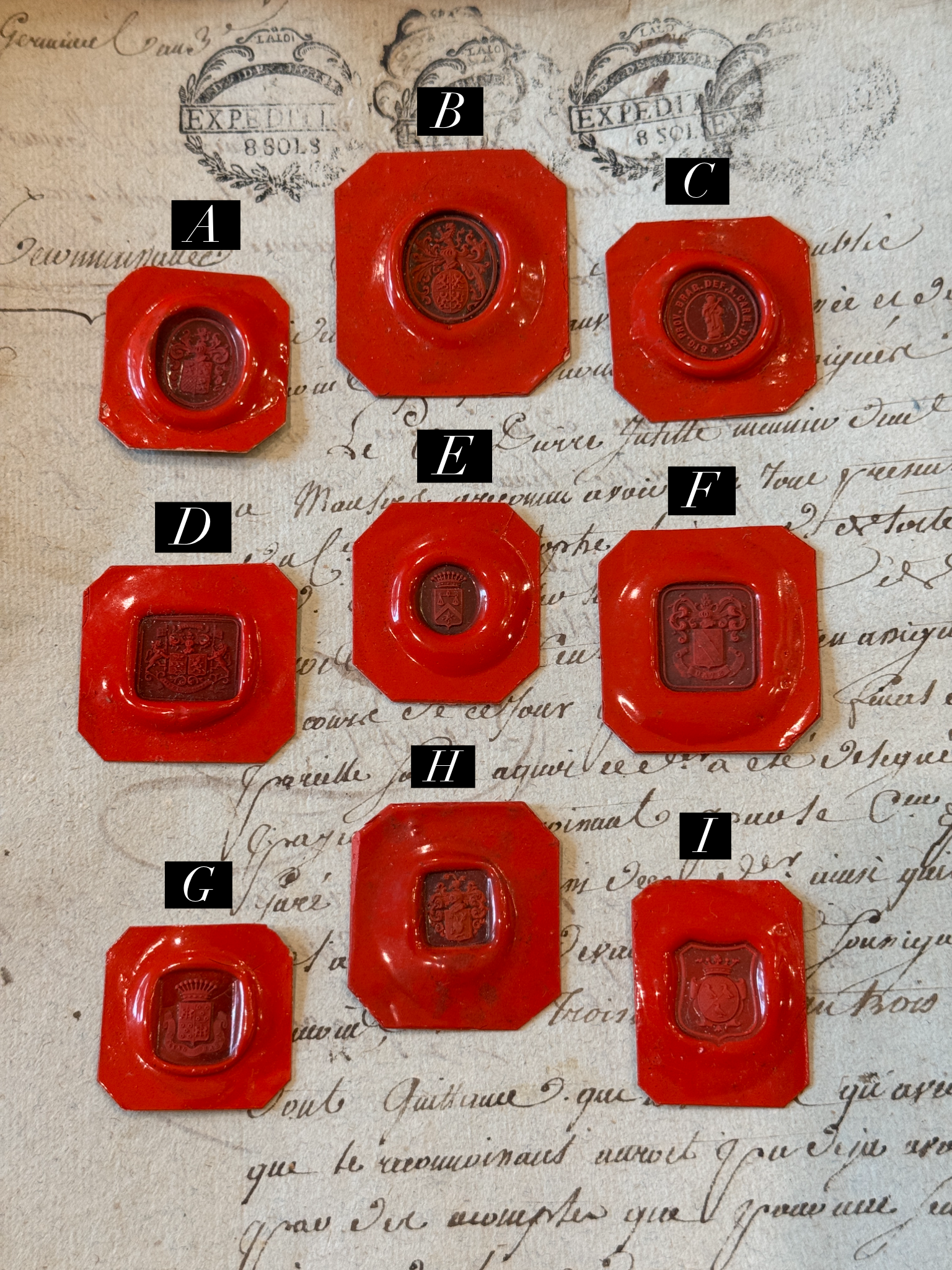 Rare French Red Wax Seal Impressions - J