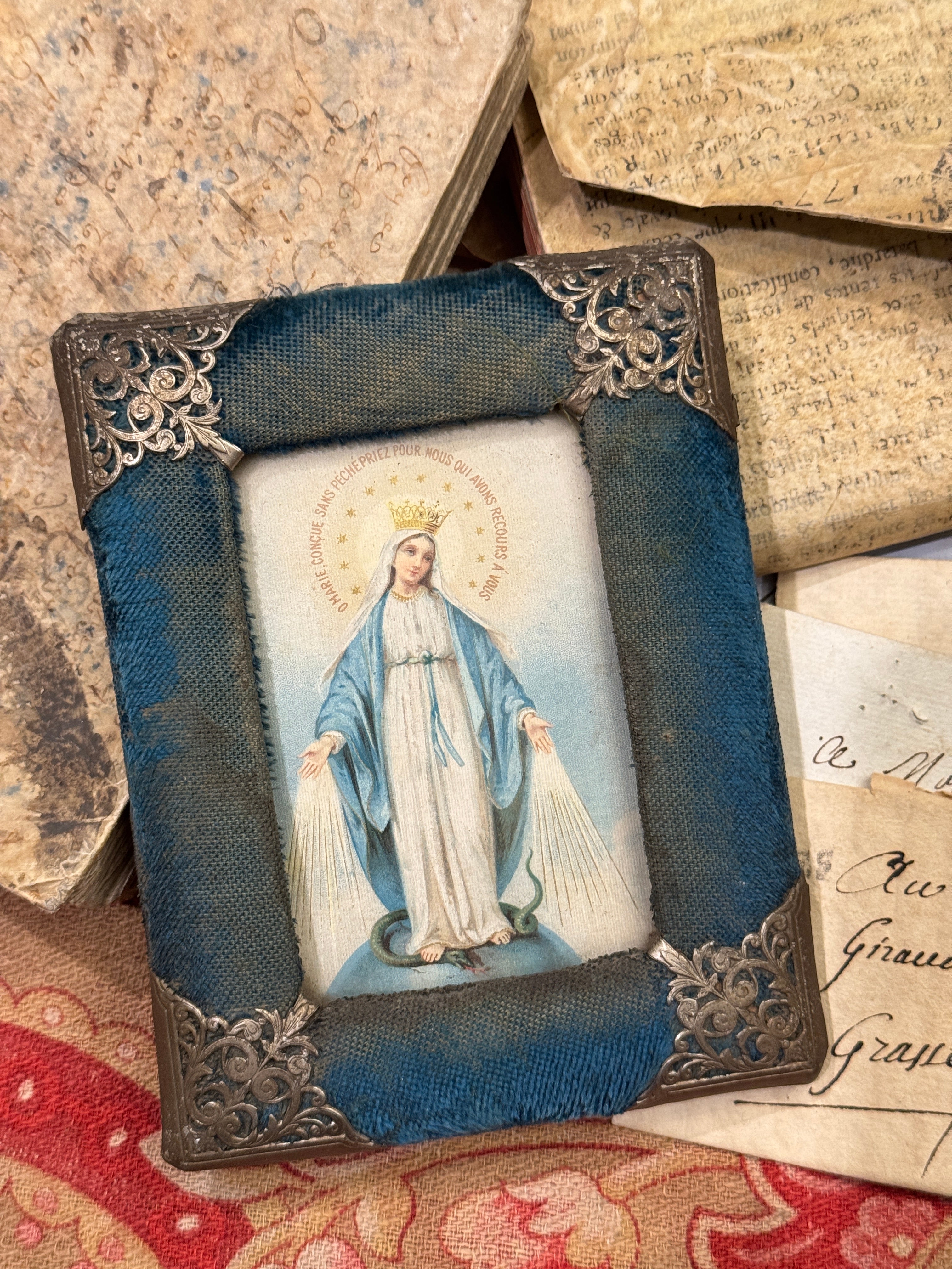 1800s French Religious Icon of The Blessed Mother in Blue Velvet Frame