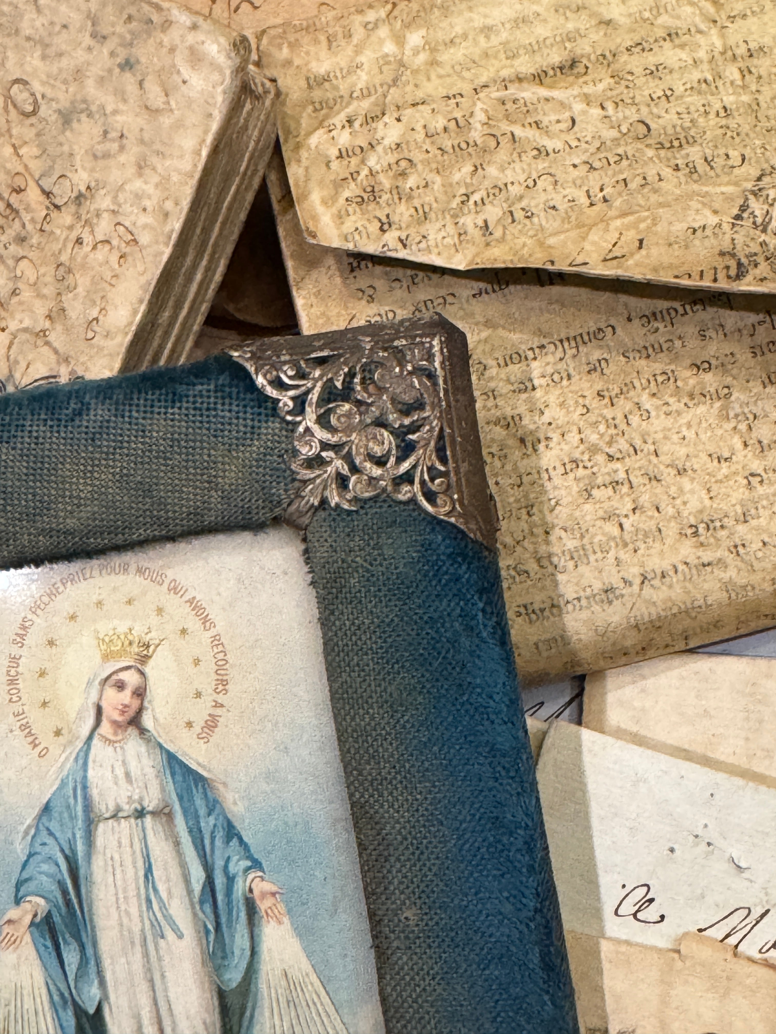 1800s French Religious Icon of The Blessed Mother in Blue Velvet Frame