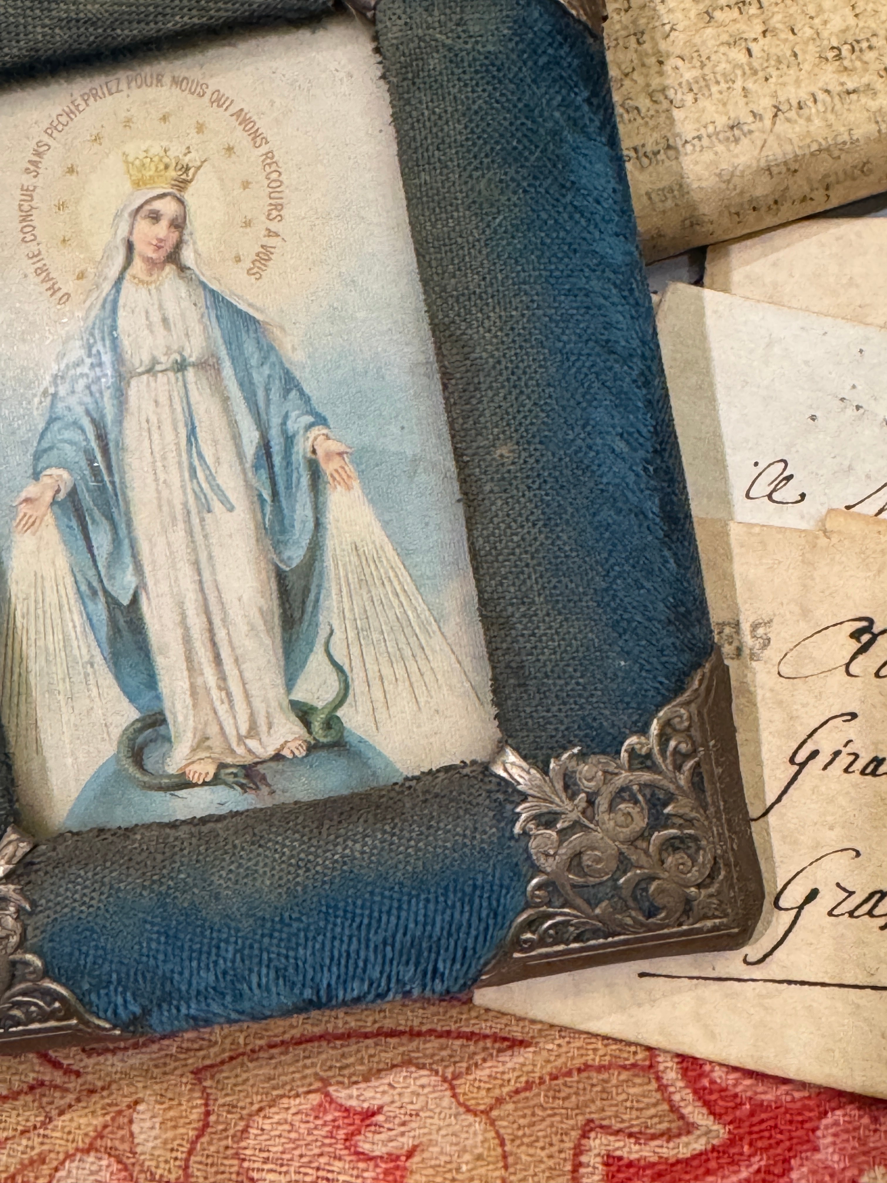 1800s French Religious Icon of The Blessed Mother in Blue Velvet Frame
