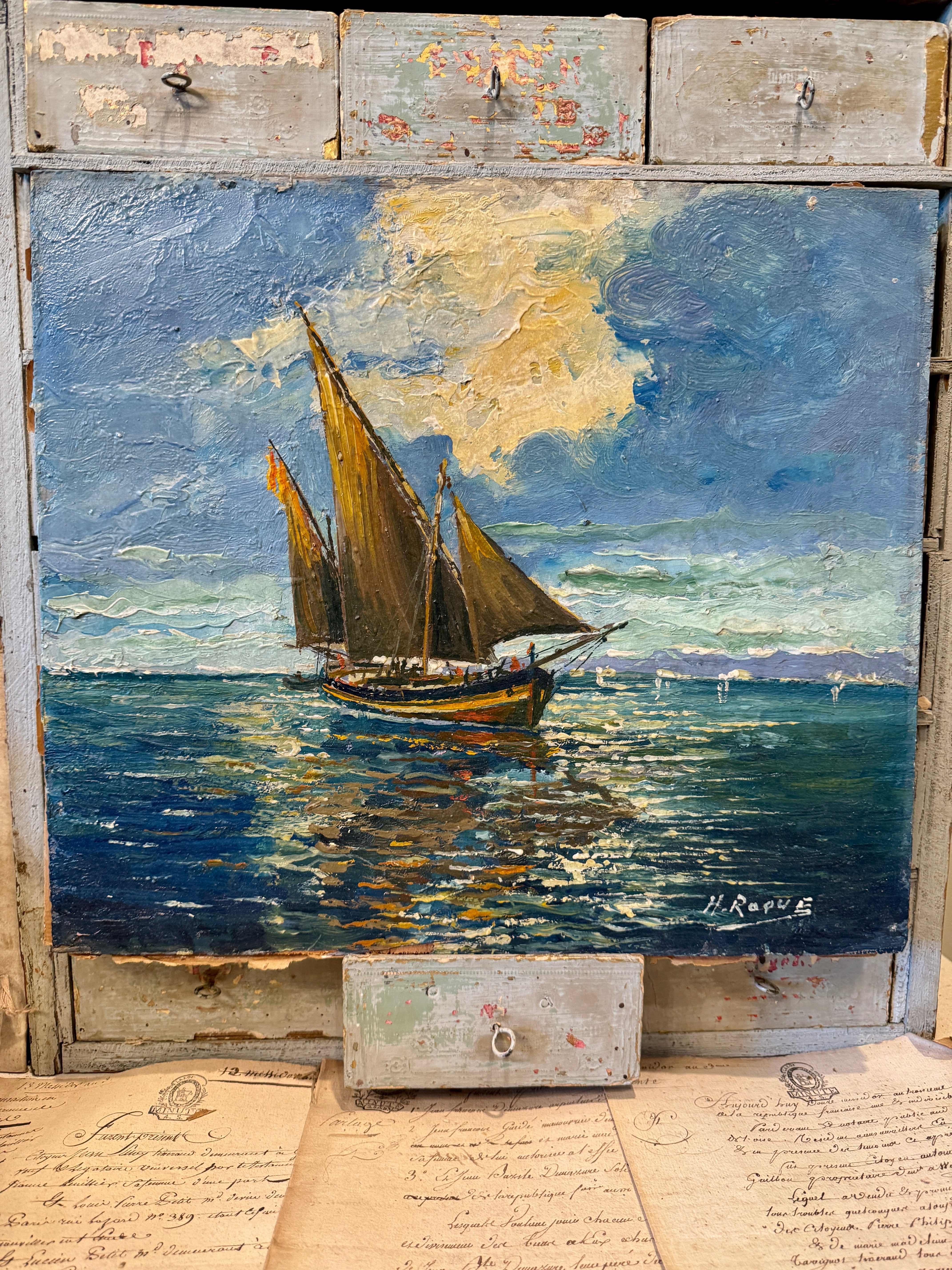 Original Antique French Nautical Oil Painting