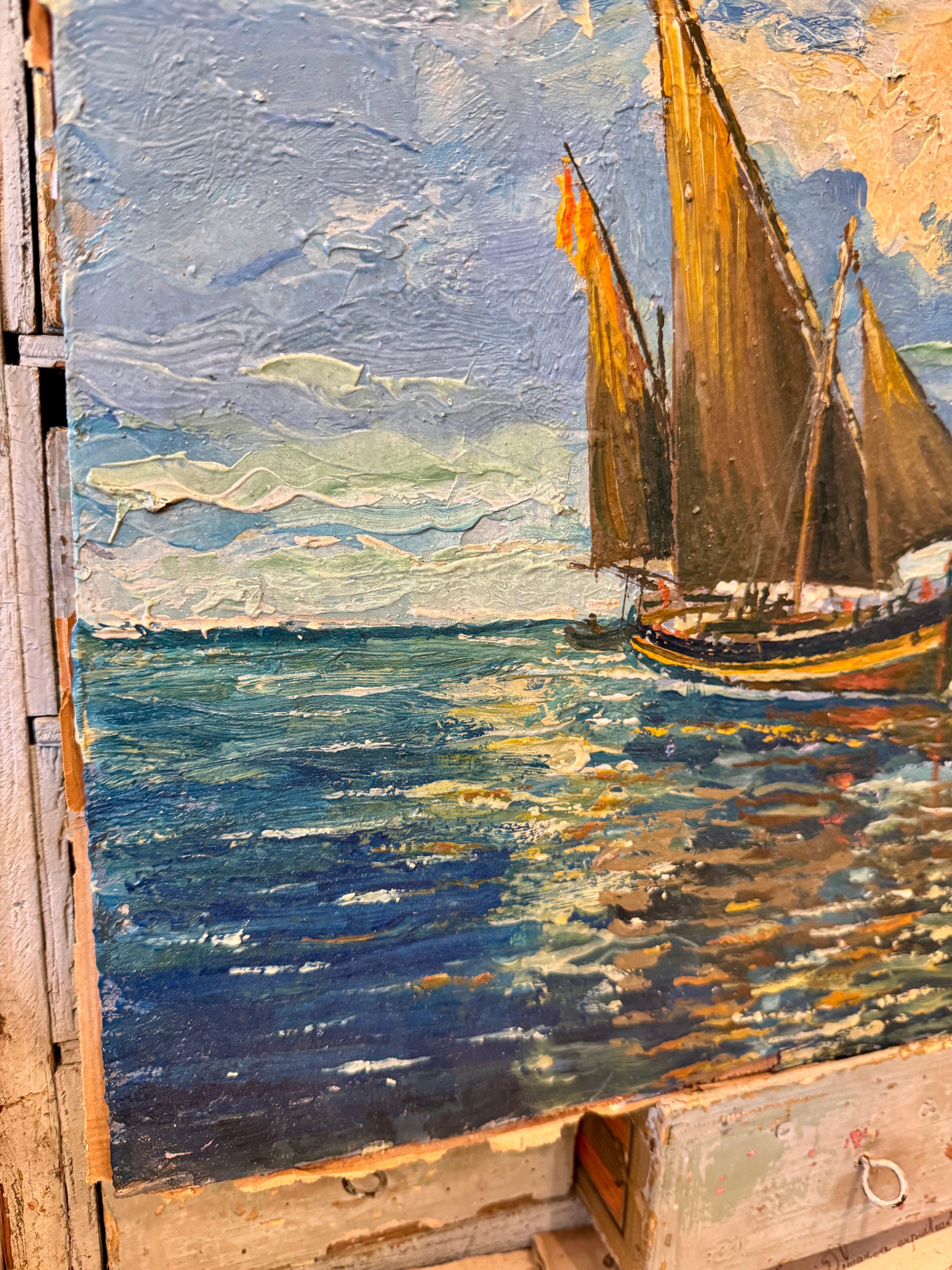 Original Antique French Nautical Oil Painting