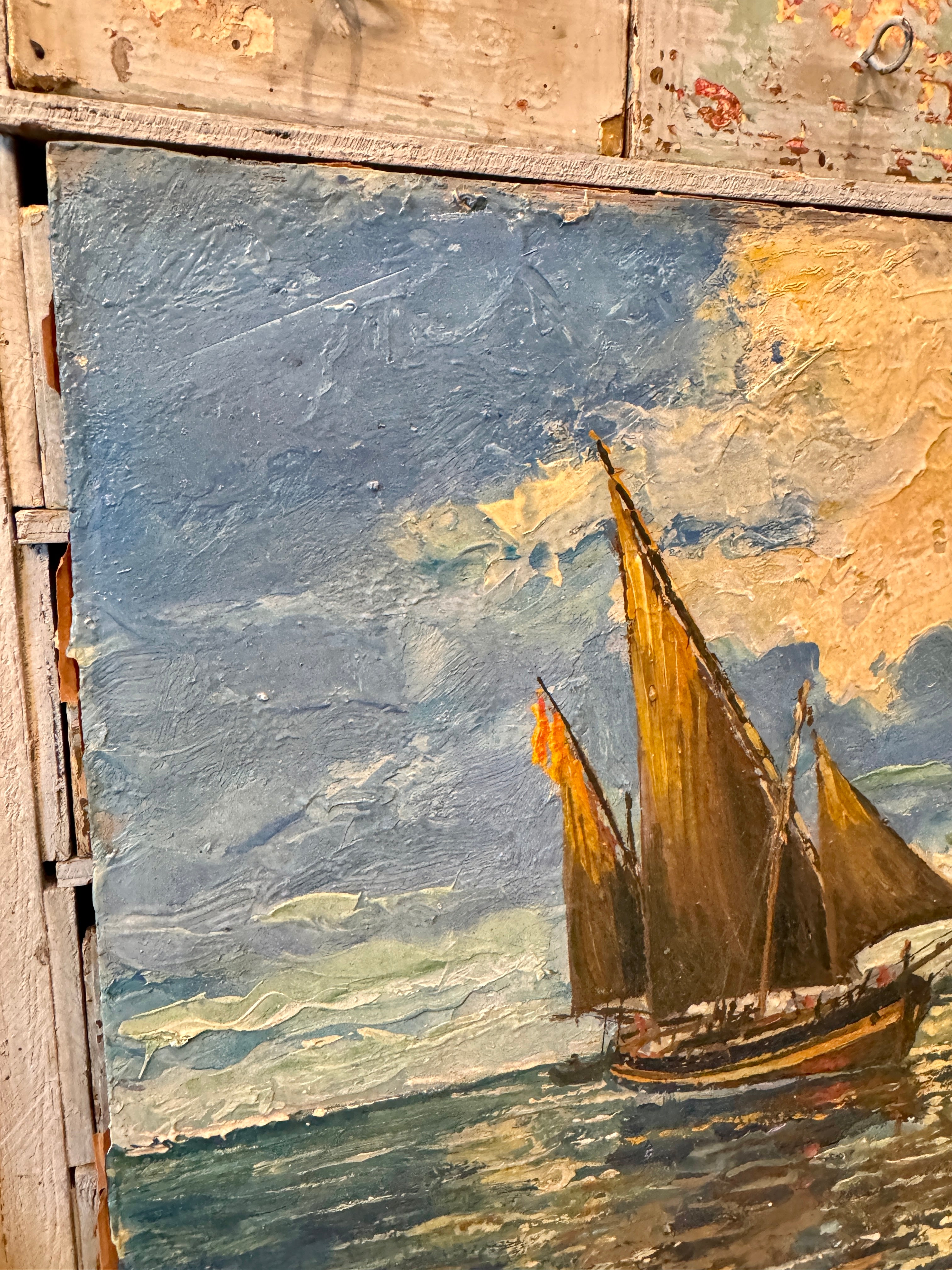 Original Antique French Nautical Oil Painting