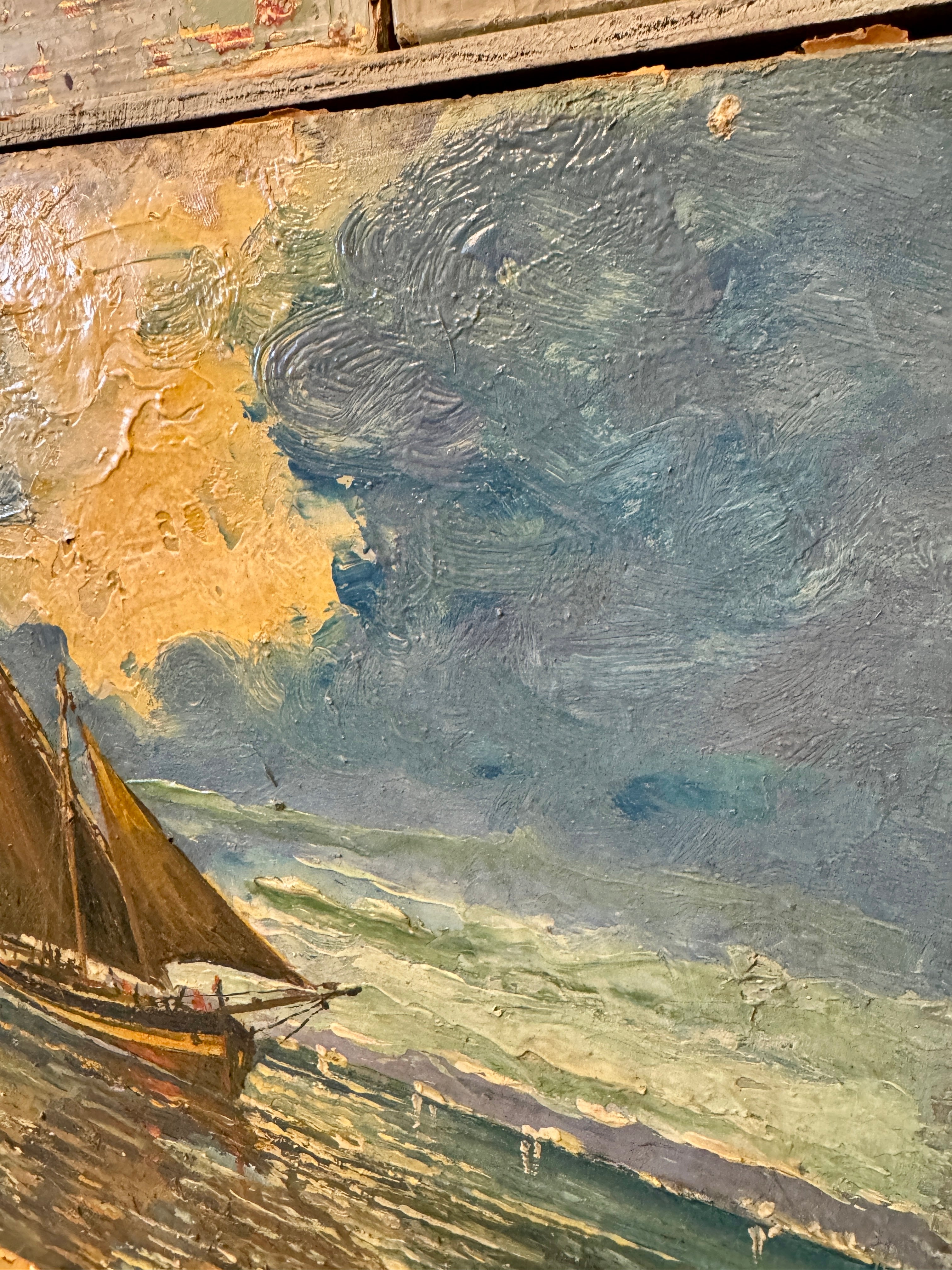 Original Antique French Nautical Oil Painting