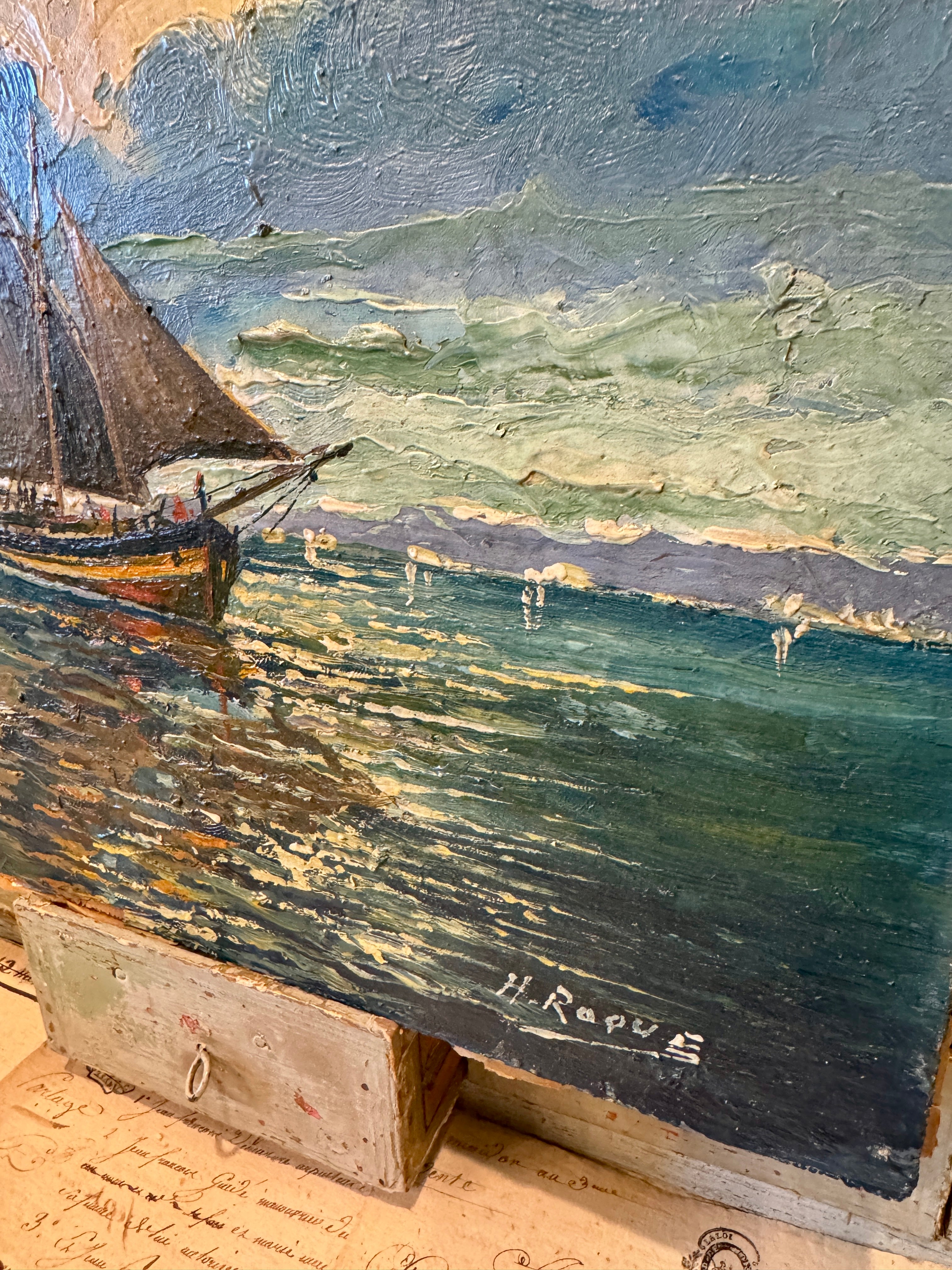 Original Antique French Nautical Oil Painting