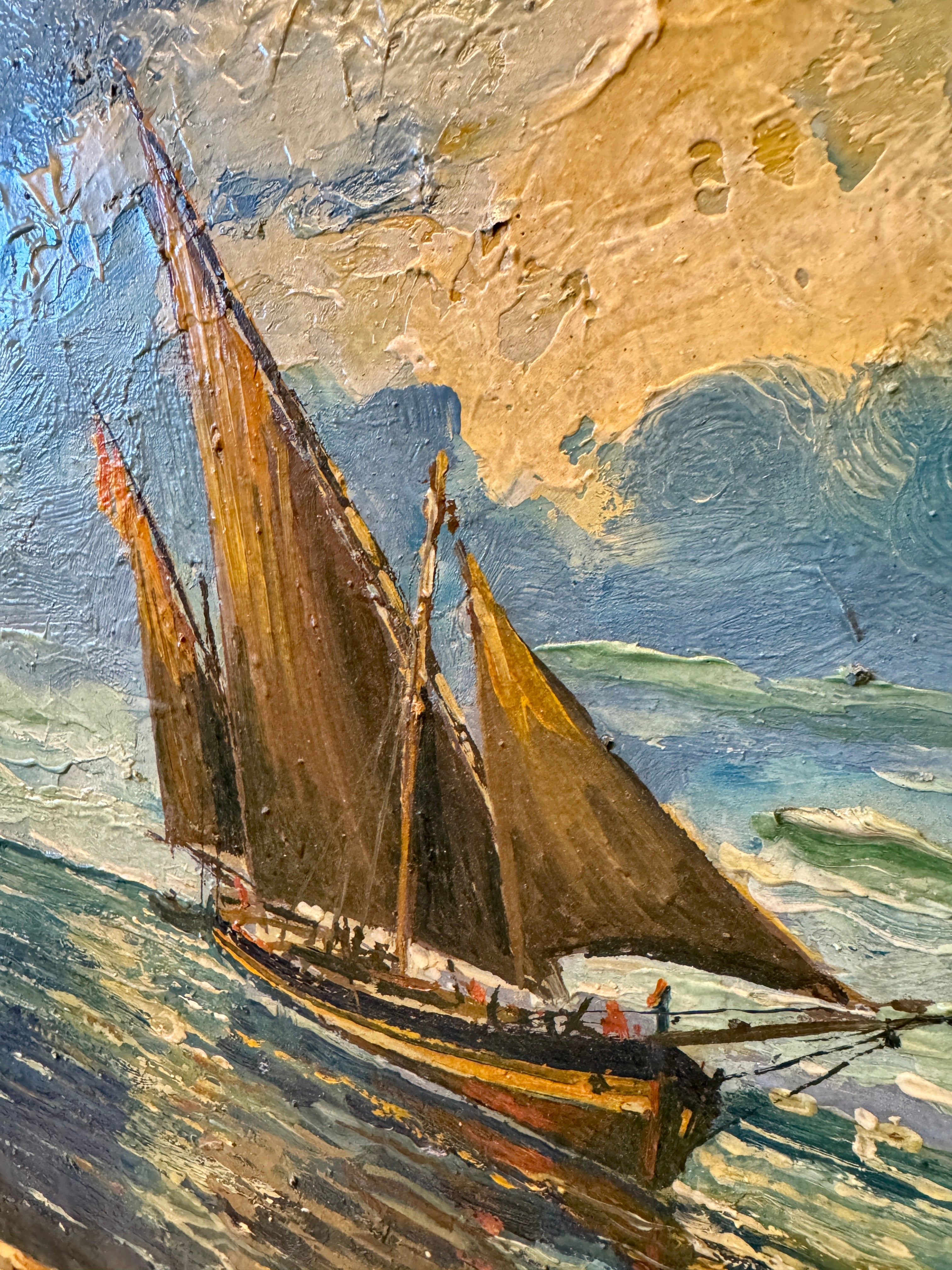 Original Antique French Nautical Oil Painting