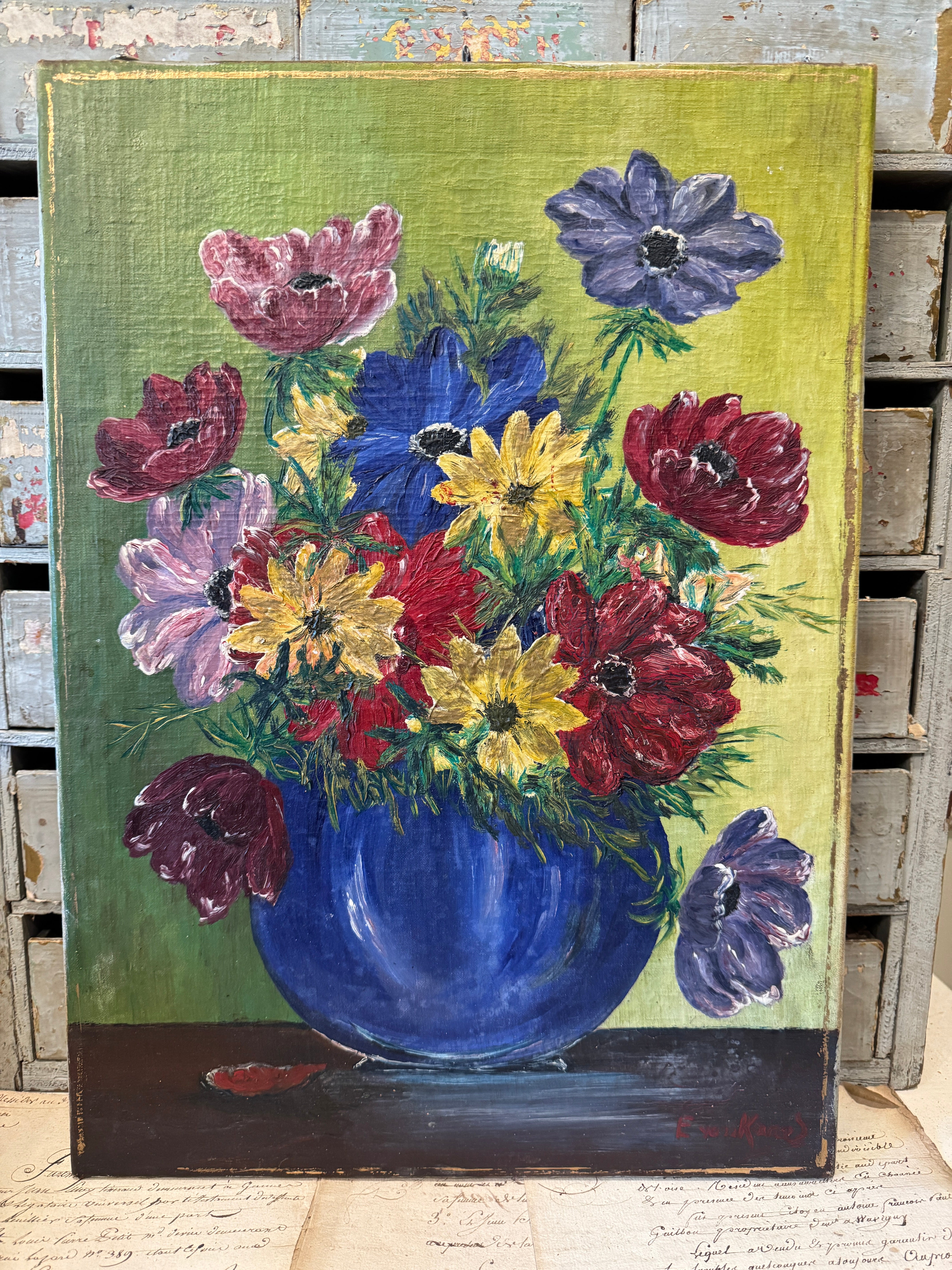 Antique French Floral Canvas Painting