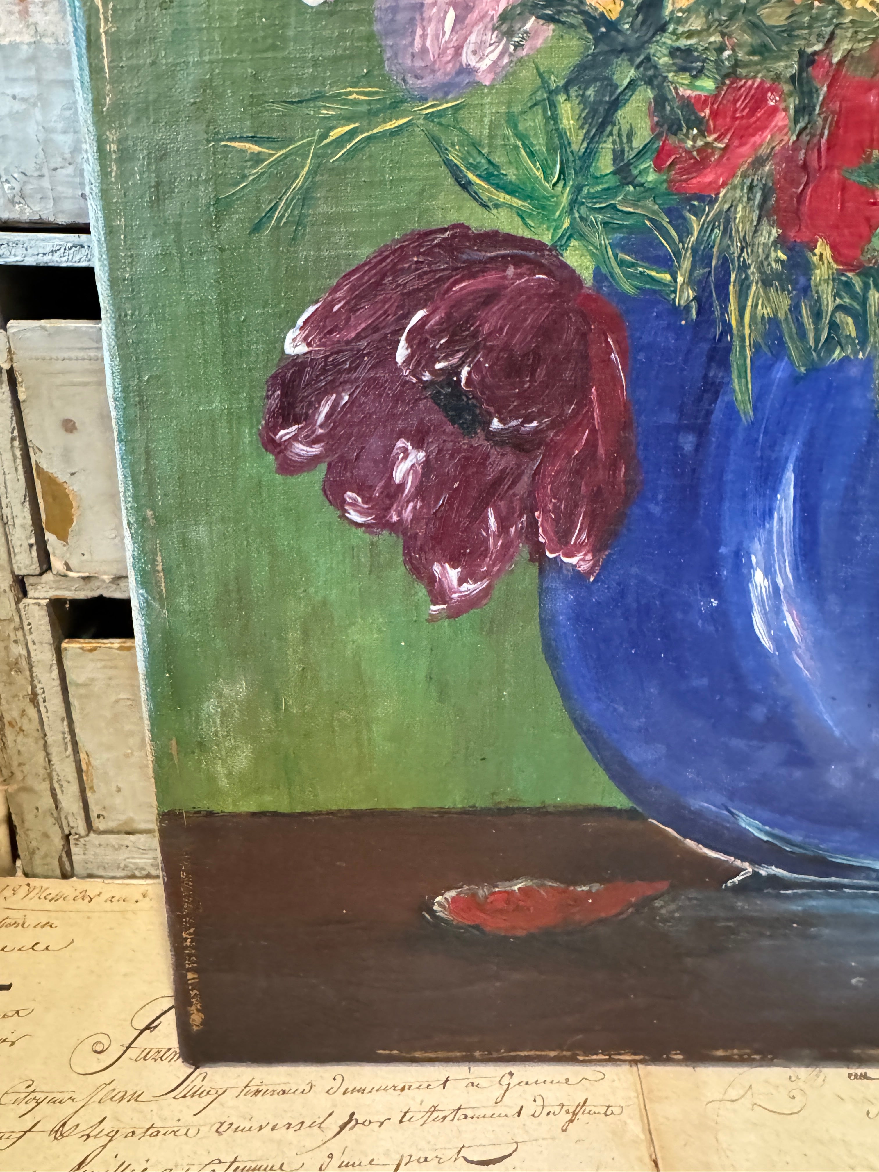 Antique French Floral Canvas Painting