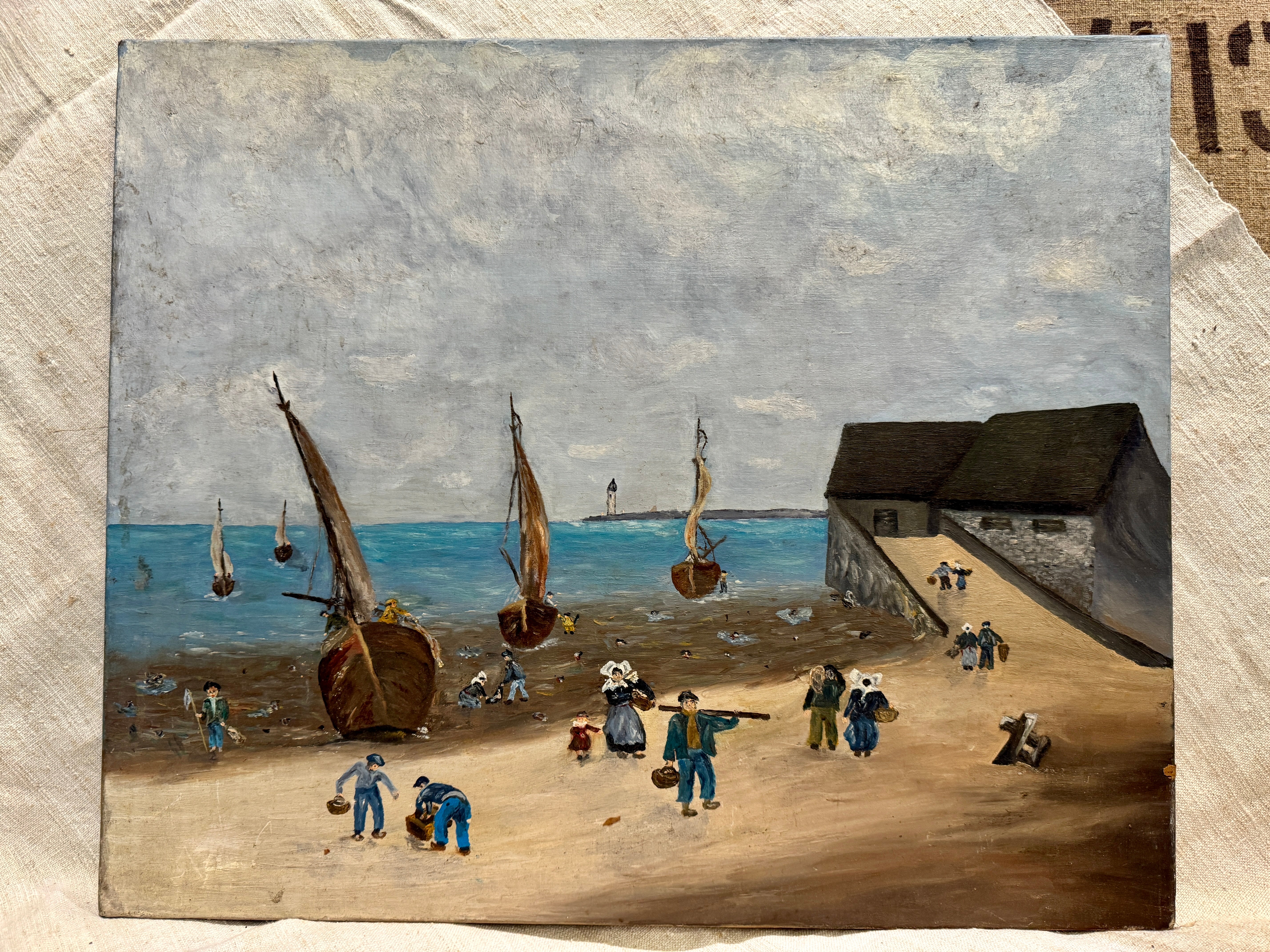 Original Antique French Beach & Sailboat Oil Painting