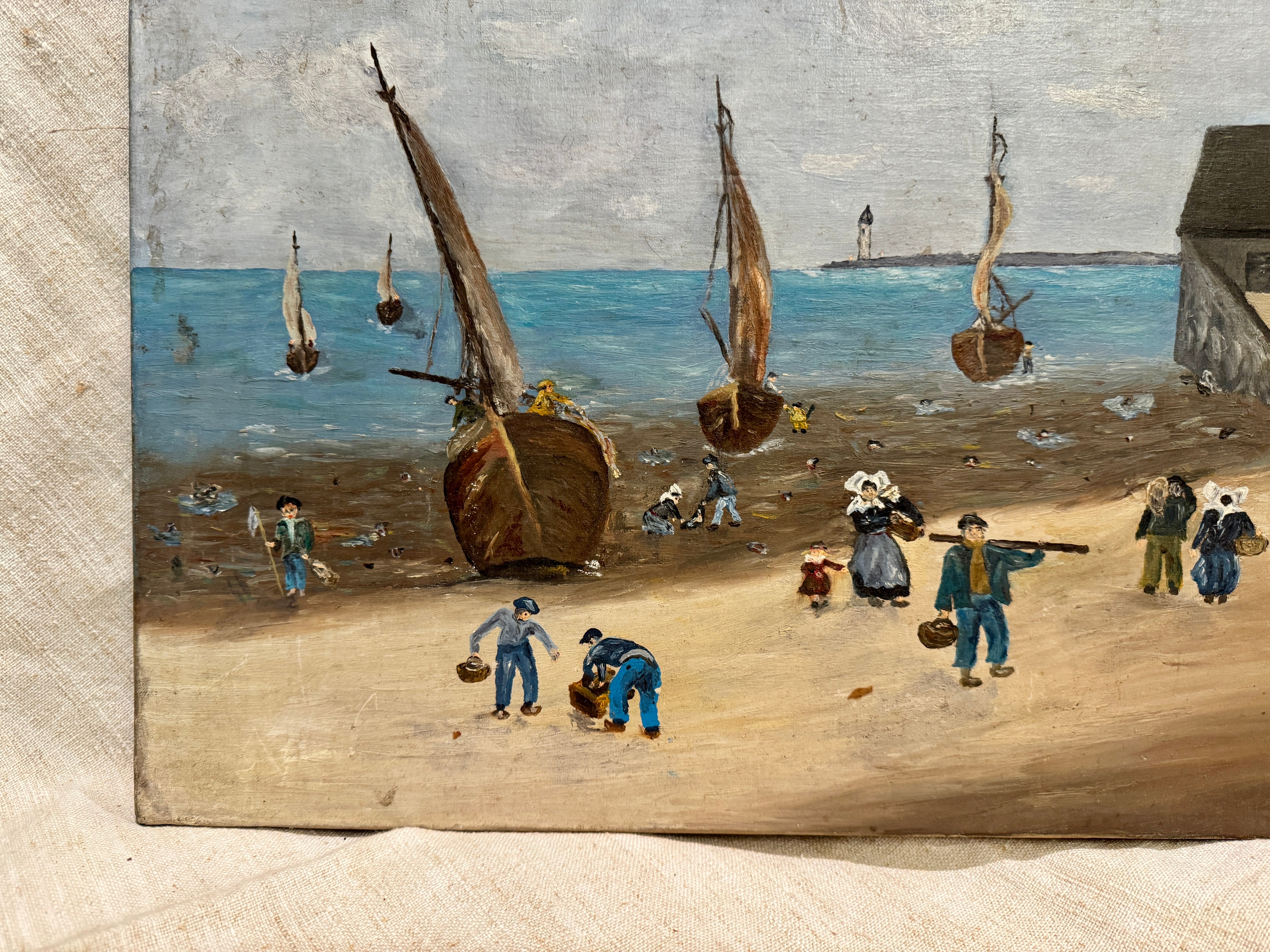 Original Antique French Beach & Sailboat Oil Painting
