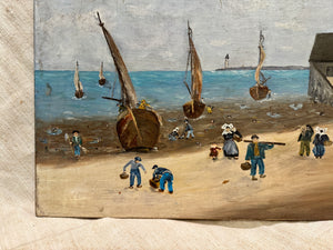 Original Antique French Beach & Sailboat Oil Painting