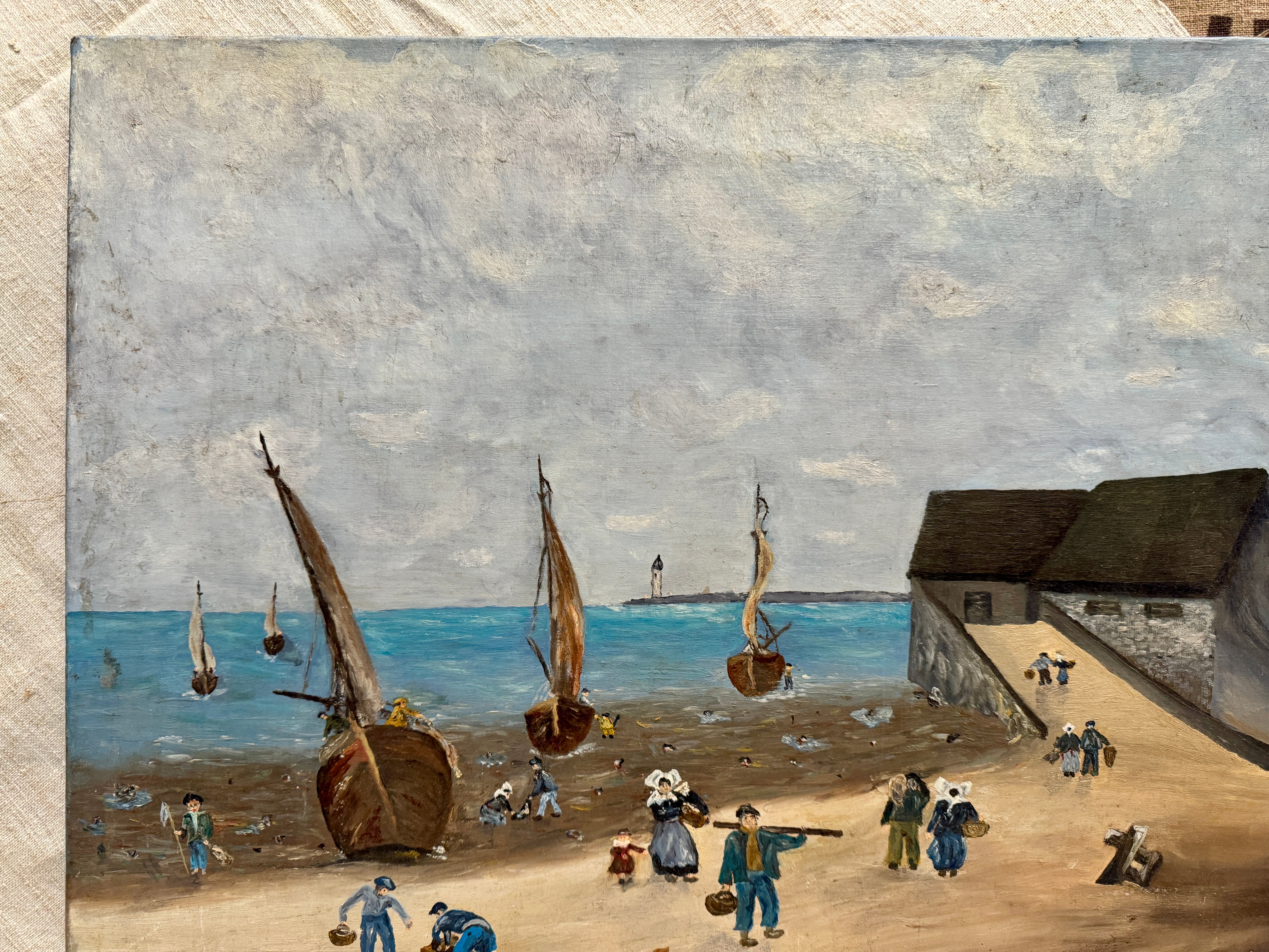 Original Antique French Beach & Sailboat Oil Painting