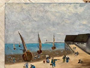 Original Antique French Beach & Sailboat Oil Painting