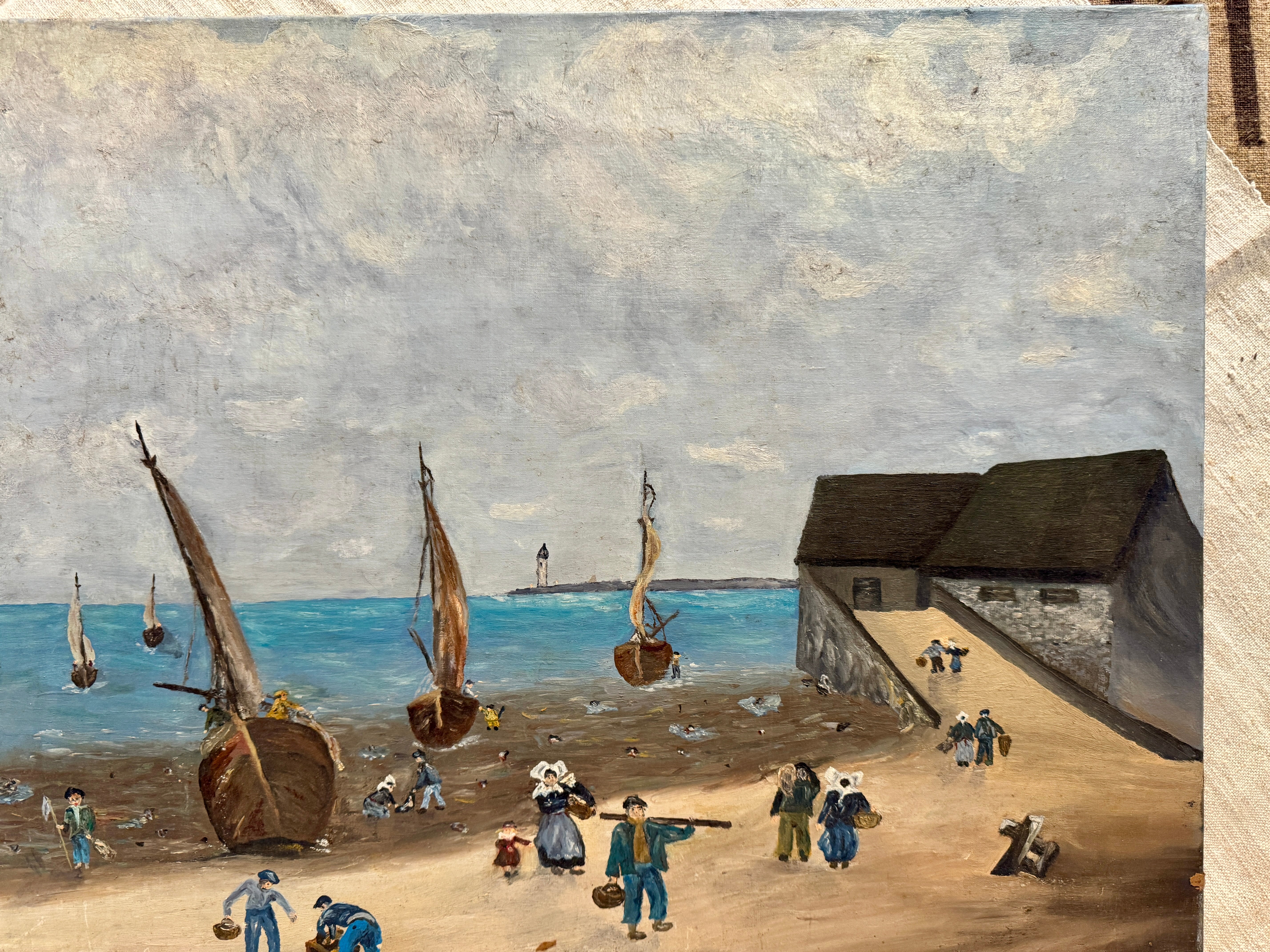 Original Antique French Beach & Sailboat Oil Painting