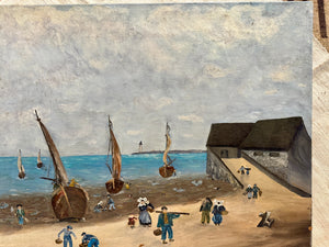 Original Antique French Beach & Sailboat Oil Painting