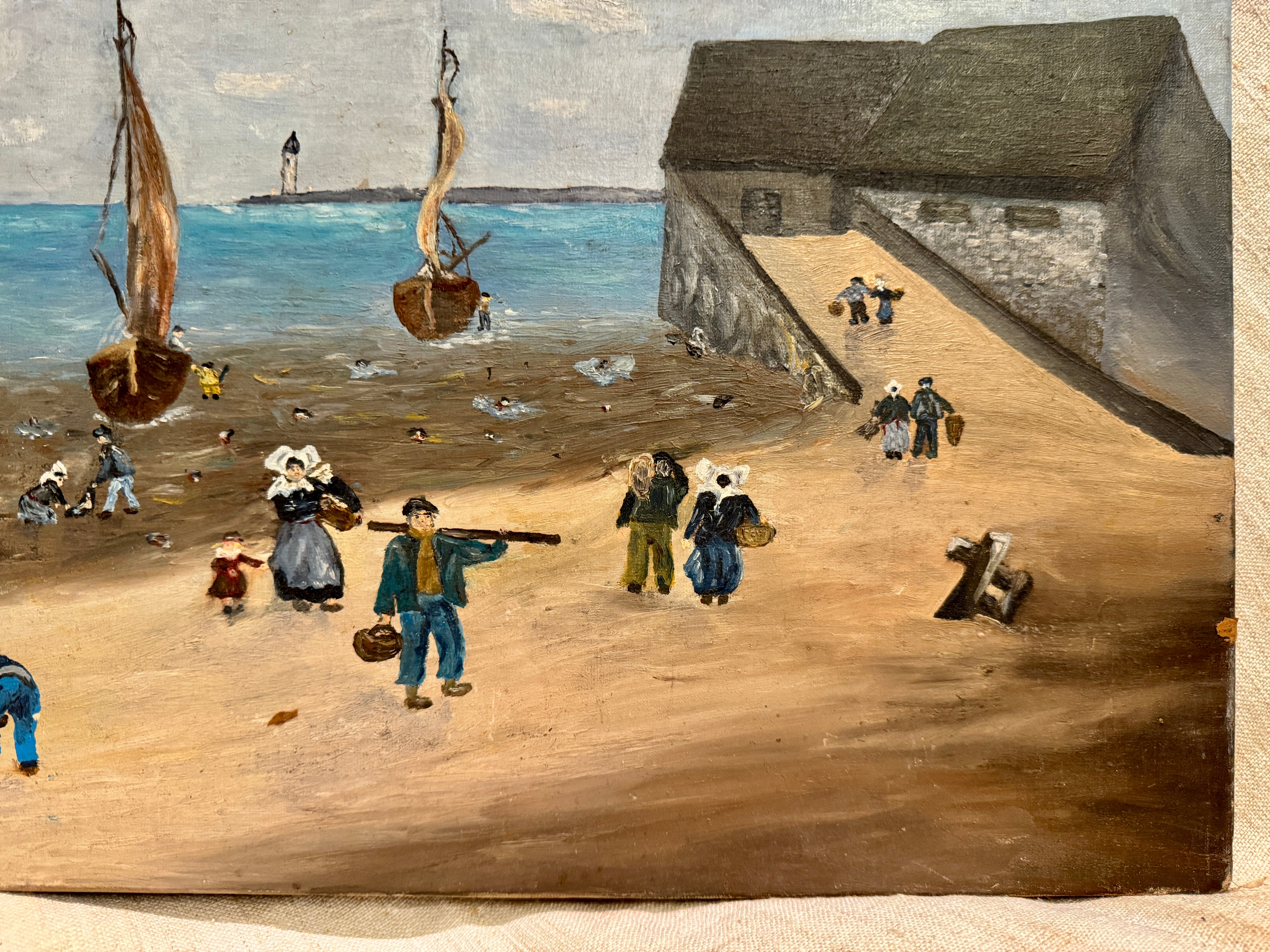 Original Antique French Beach & Sailboat Oil Painting
