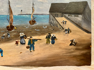 Original Antique French Beach & Sailboat Oil Painting