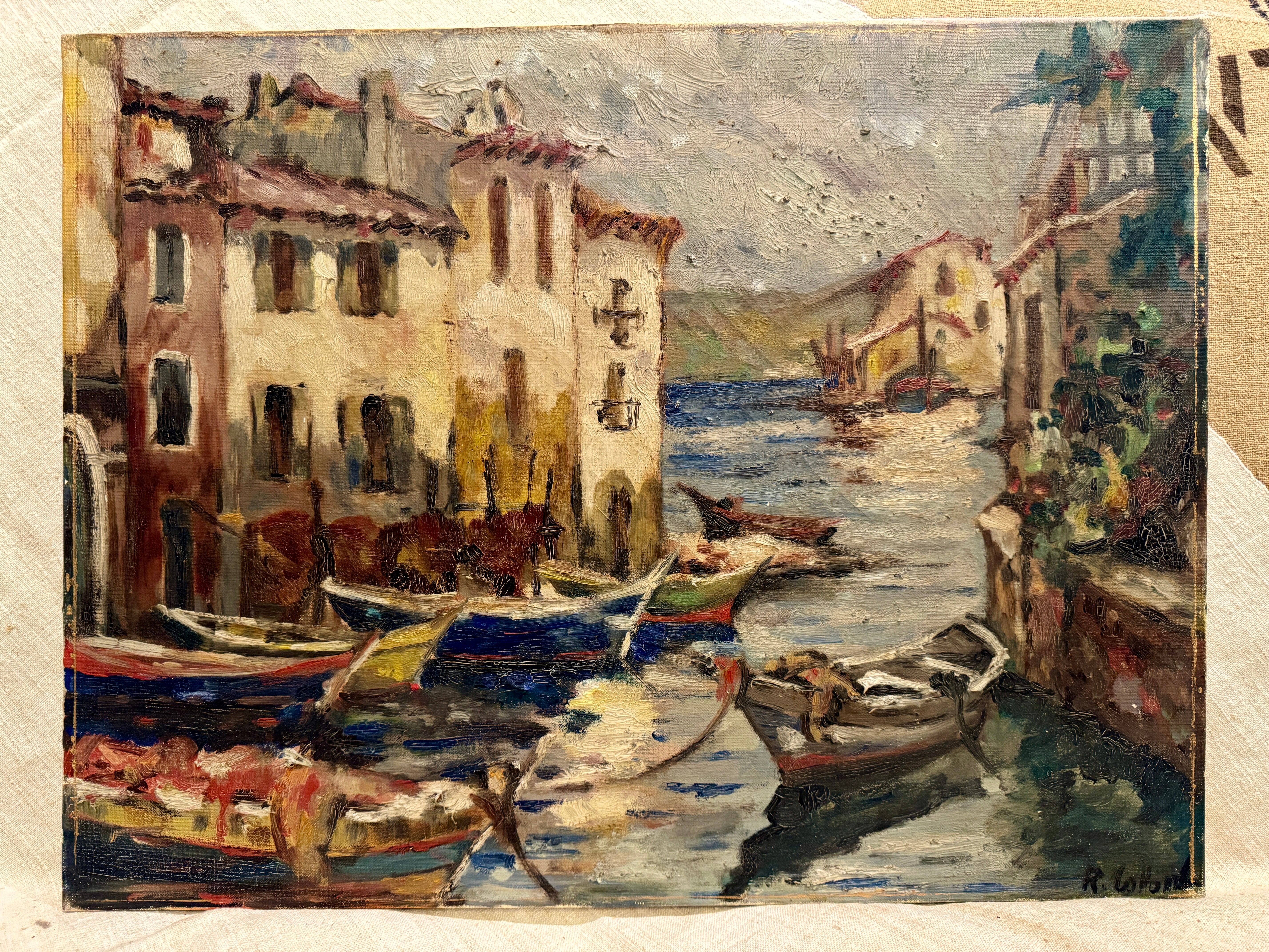 Antique French 1800s Canal Oil Painting