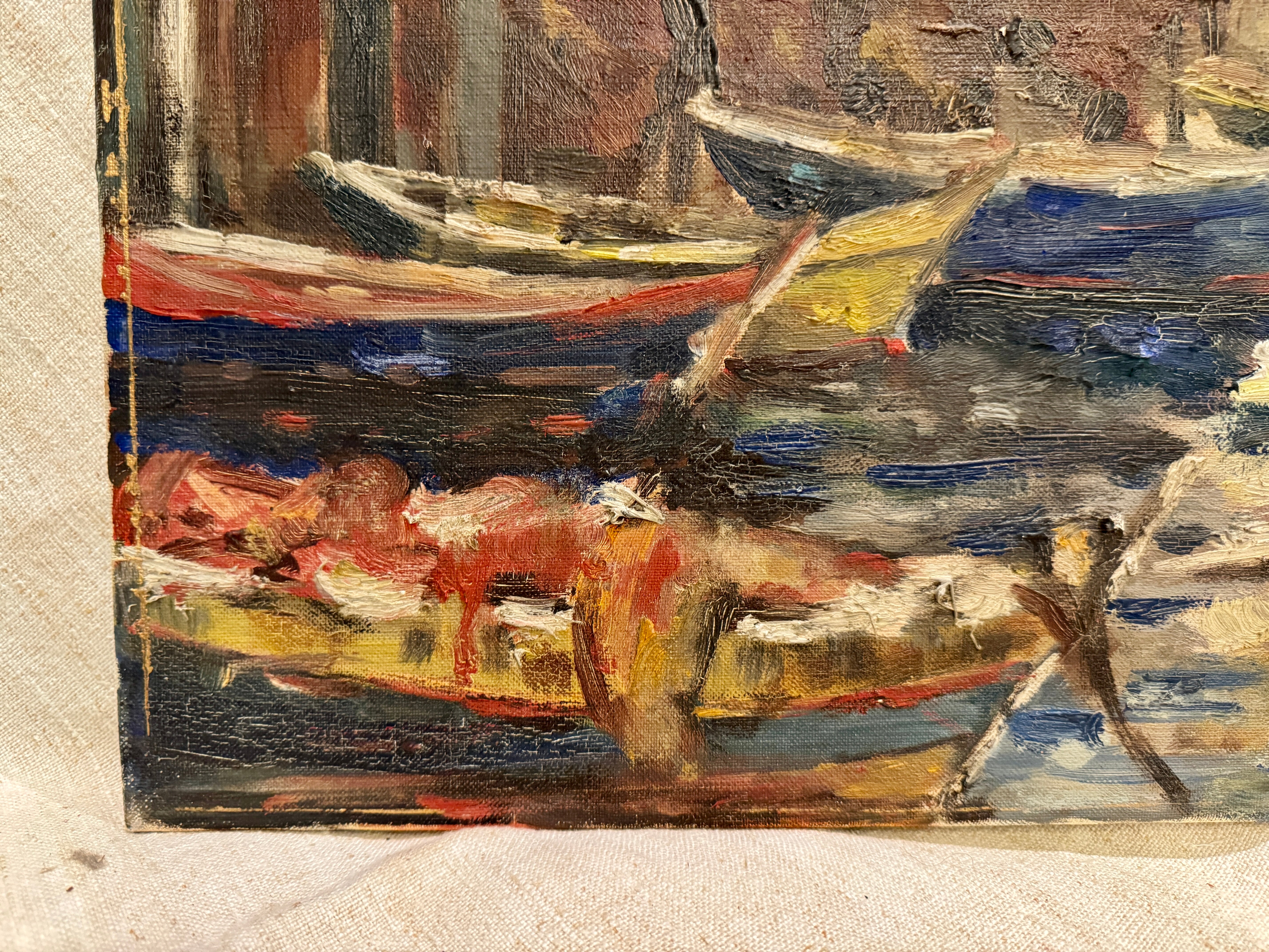Antique French 1800s Canal Oil Painting