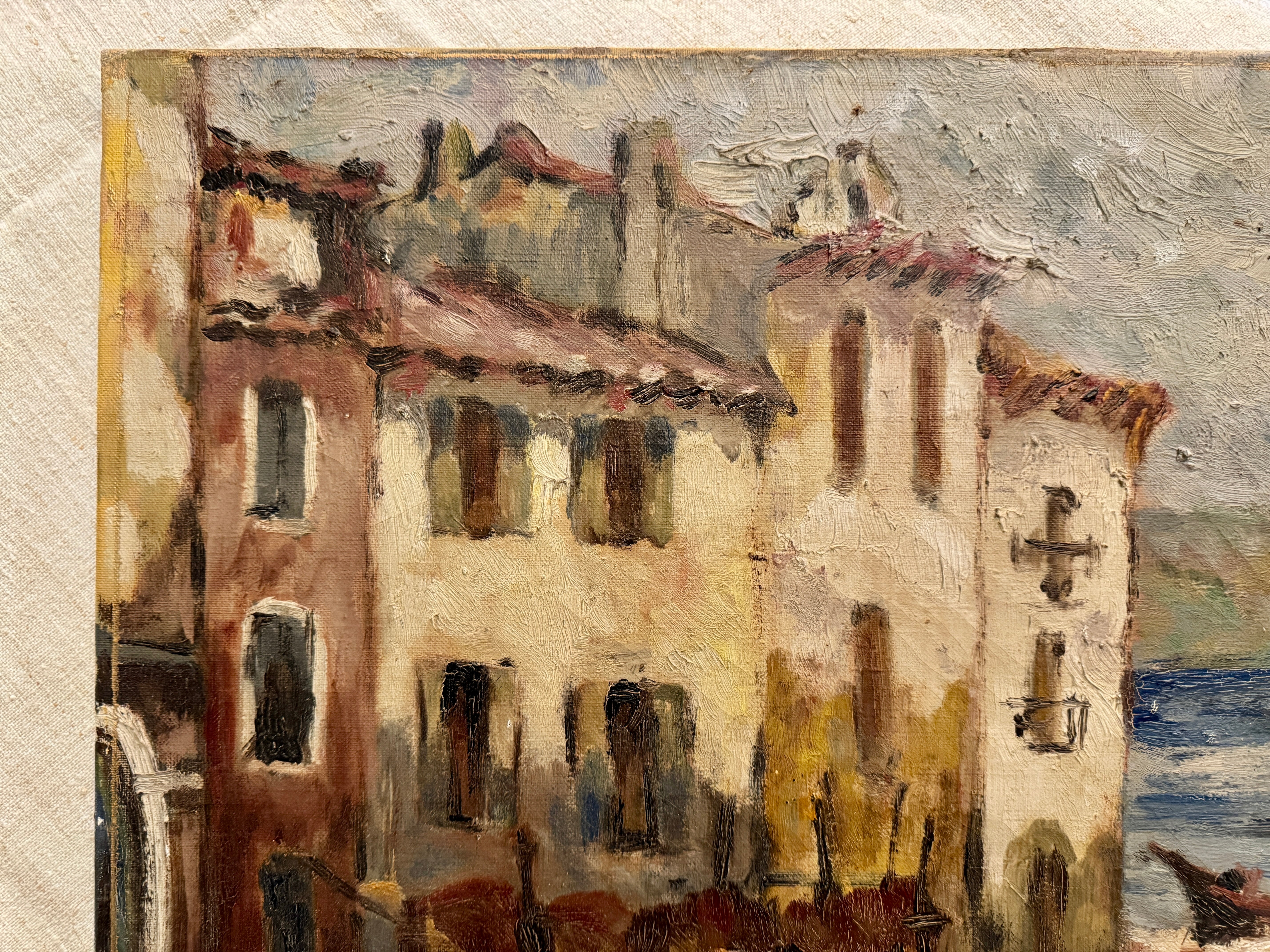 Antique French 1800s Canal Oil Painting