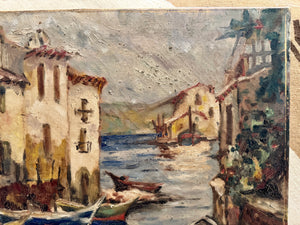 Antique French 1800s Canal Oil Painting