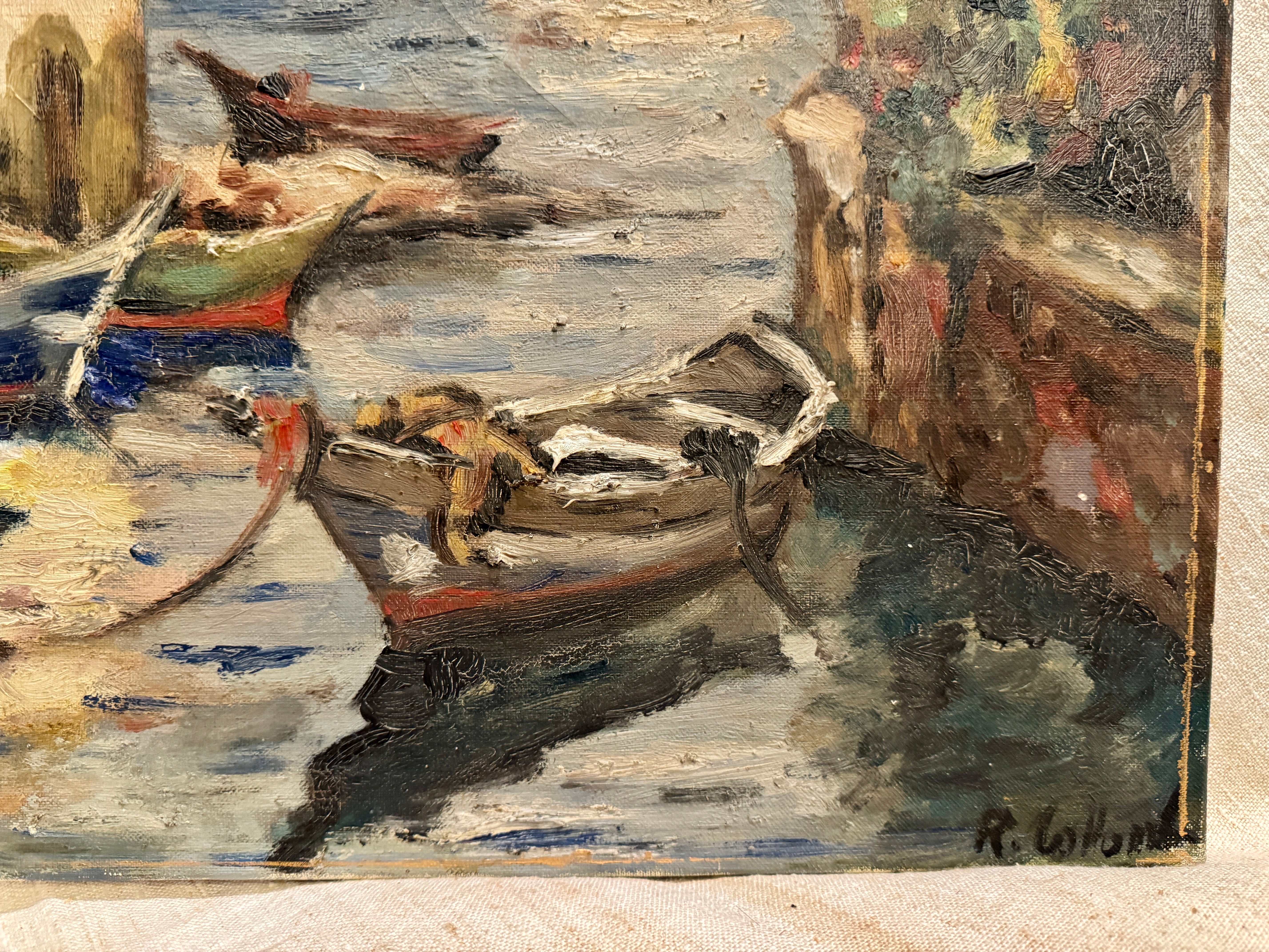 Antique French 1800s Canal Oil Painting