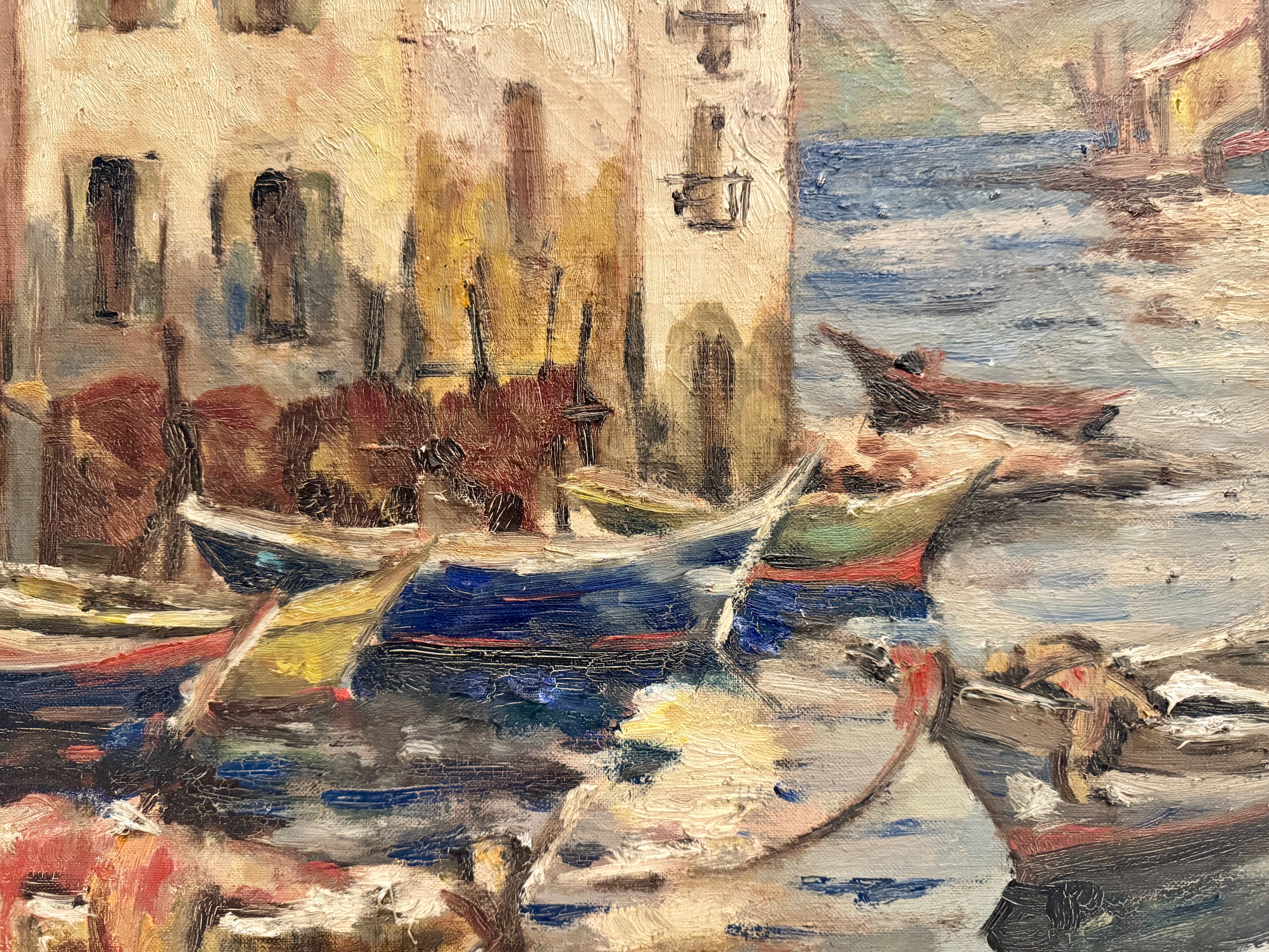 Antique French 1800s Canal Oil Painting